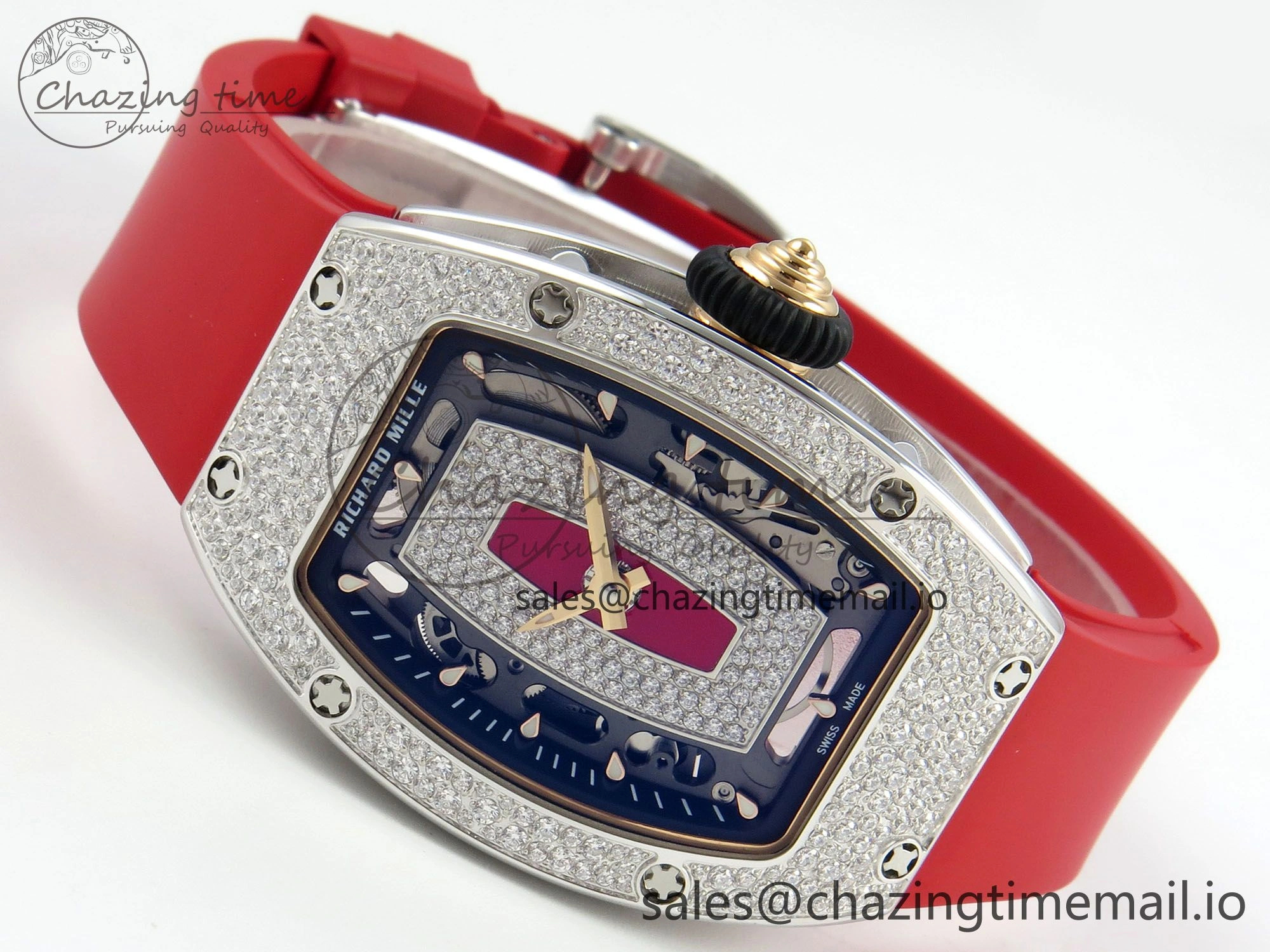 RM07 Ladies Snow Diamonds SS ZF 1:1 Best Edition Red Dial on Red Rubber Strap CRMA2 Clone