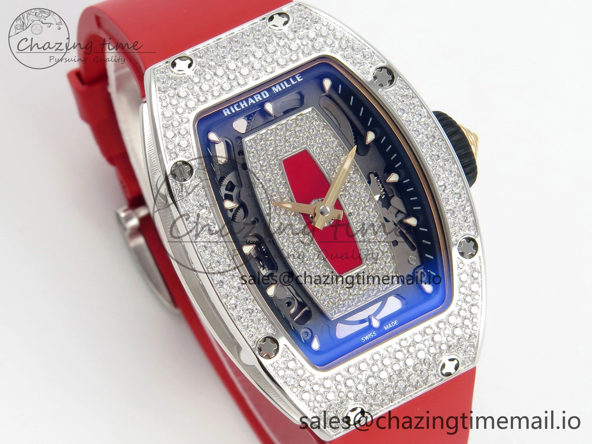 RM07 Ladies Snow Diamonds SS ZF 1:1 Best Edition Red Dial on Red Rubber Strap CRMA2 Clone