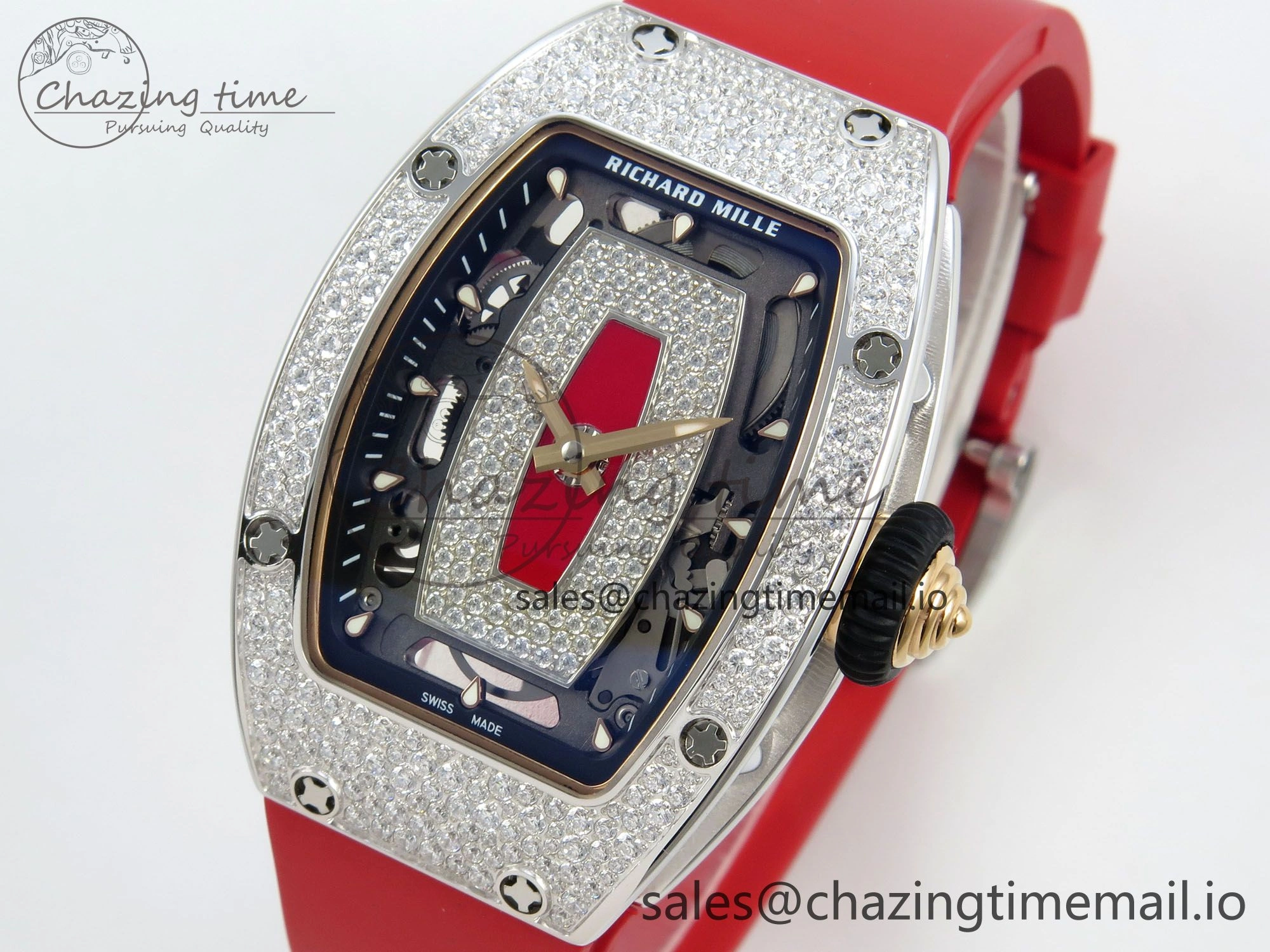RM07 Ladies Snow Diamonds SS ZF 1:1 Best Edition Red Dial on Red Rubber Strap CRMA2 Clone