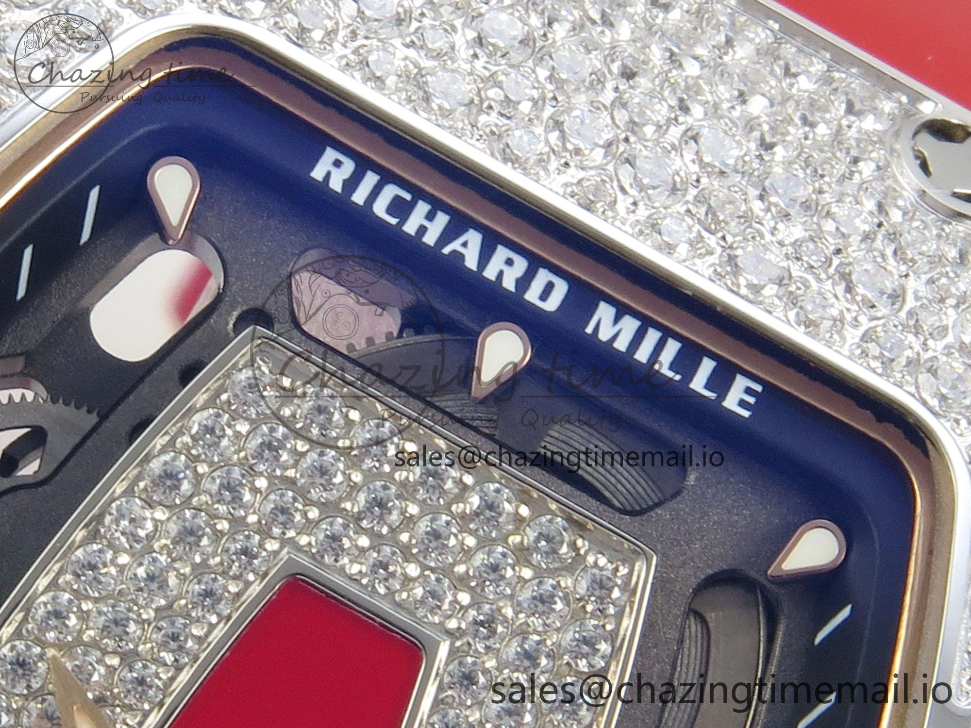 RM07 Ladies Snow Diamonds SS ZF 1:1 Best Edition Red Dial on Red Rubber Strap CRMA2 Clone
