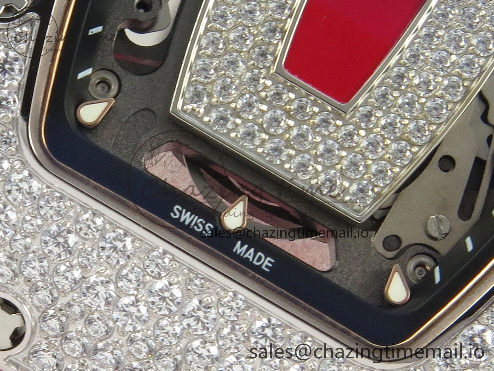 RM07 Ladies Snow Diamonds SS ZF 1:1 Best Edition Red Dial on Red Rubber Strap CRMA2 Clone
