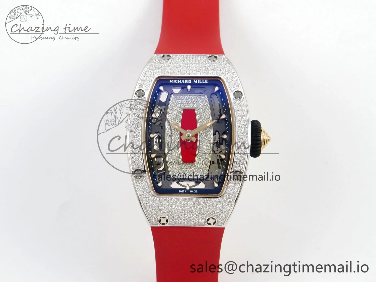 RM07 Ladies Snow Diamonds SS ZF 1:1 Best Edition Red Dial on Red Rubber Strap CRMA2 Clone