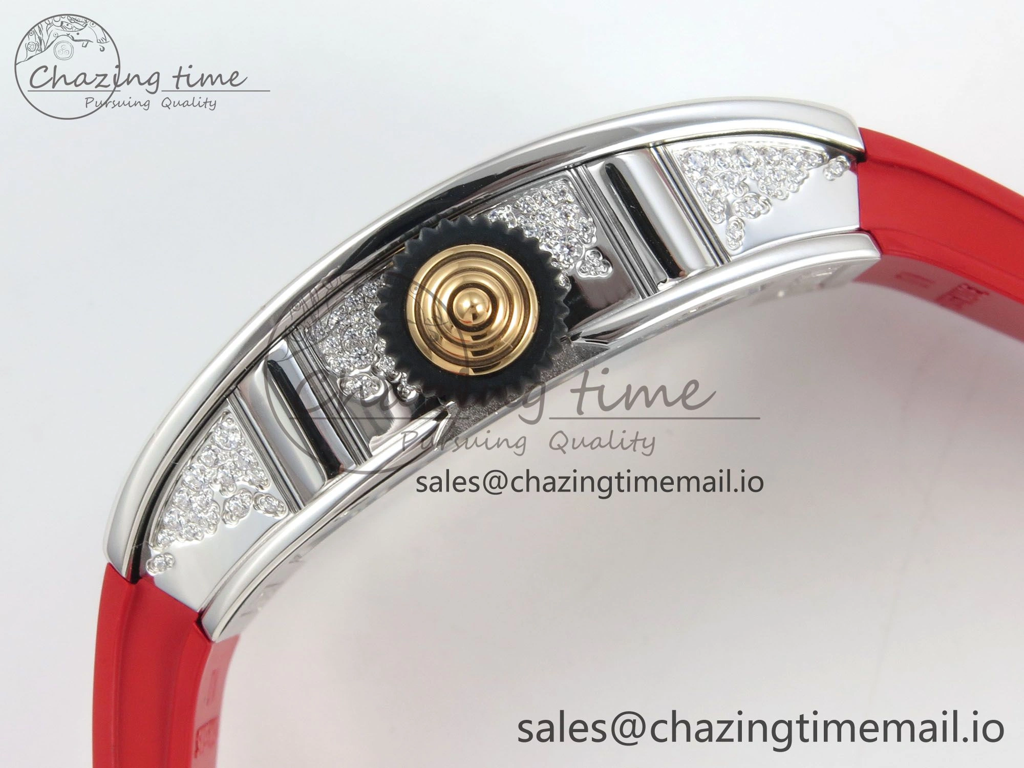 RM07 Ladies Snow Diamonds SS ZF 1:1 Best Edition Red Dial on Red Rubber Strap CRMA2 Clone