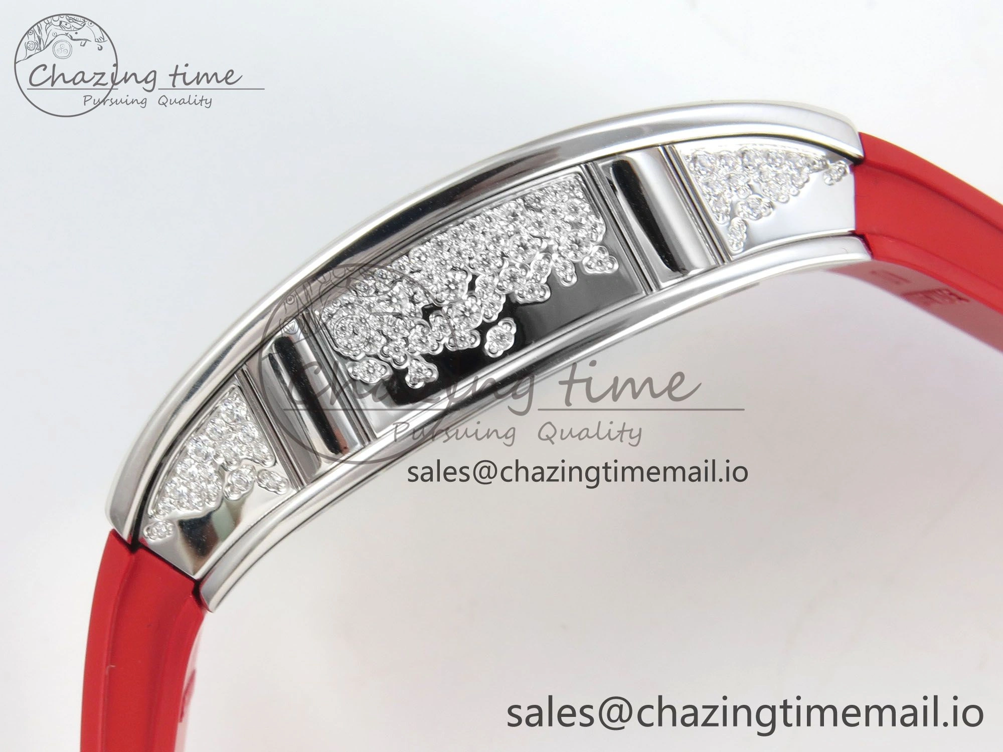 RM07 Ladies Snow Diamonds SS ZF 1:1 Best Edition Red Dial on Red Rubber Strap CRMA2 Clone