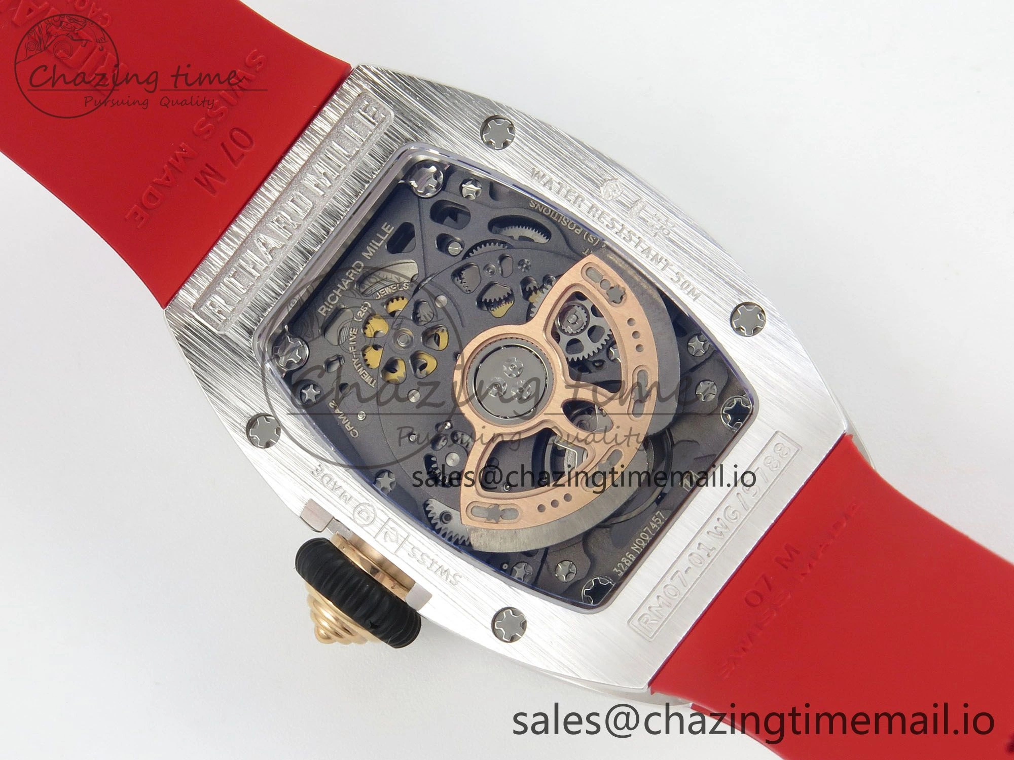 RM07 Ladies Snow Diamonds SS ZF 1:1 Best Edition Red Dial on Red Rubber Strap CRMA2 Clone