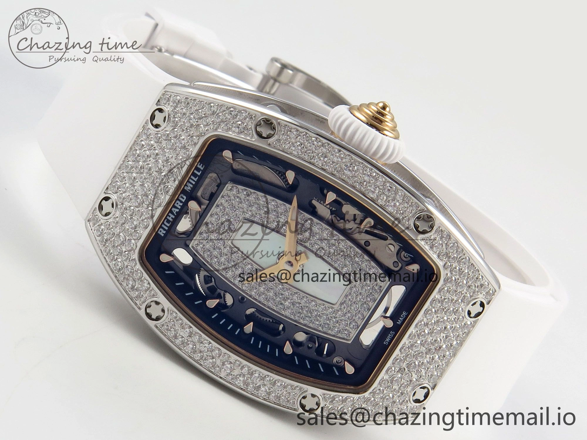 RM07 Ladies Snow Diamonds SS ZF 1:1 Best Edition White Dial on White Rubber Strap CRMA2 Clone