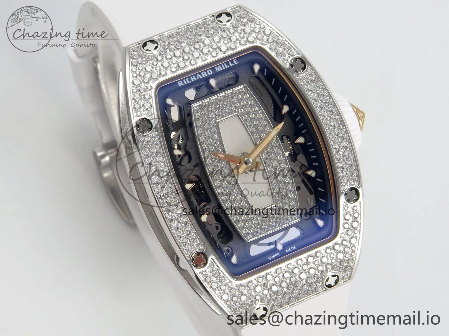 RM07 Ladies Snow Diamonds SS ZF 1:1 Best Edition White Dial on White Rubber Strap CRMA2 Clone