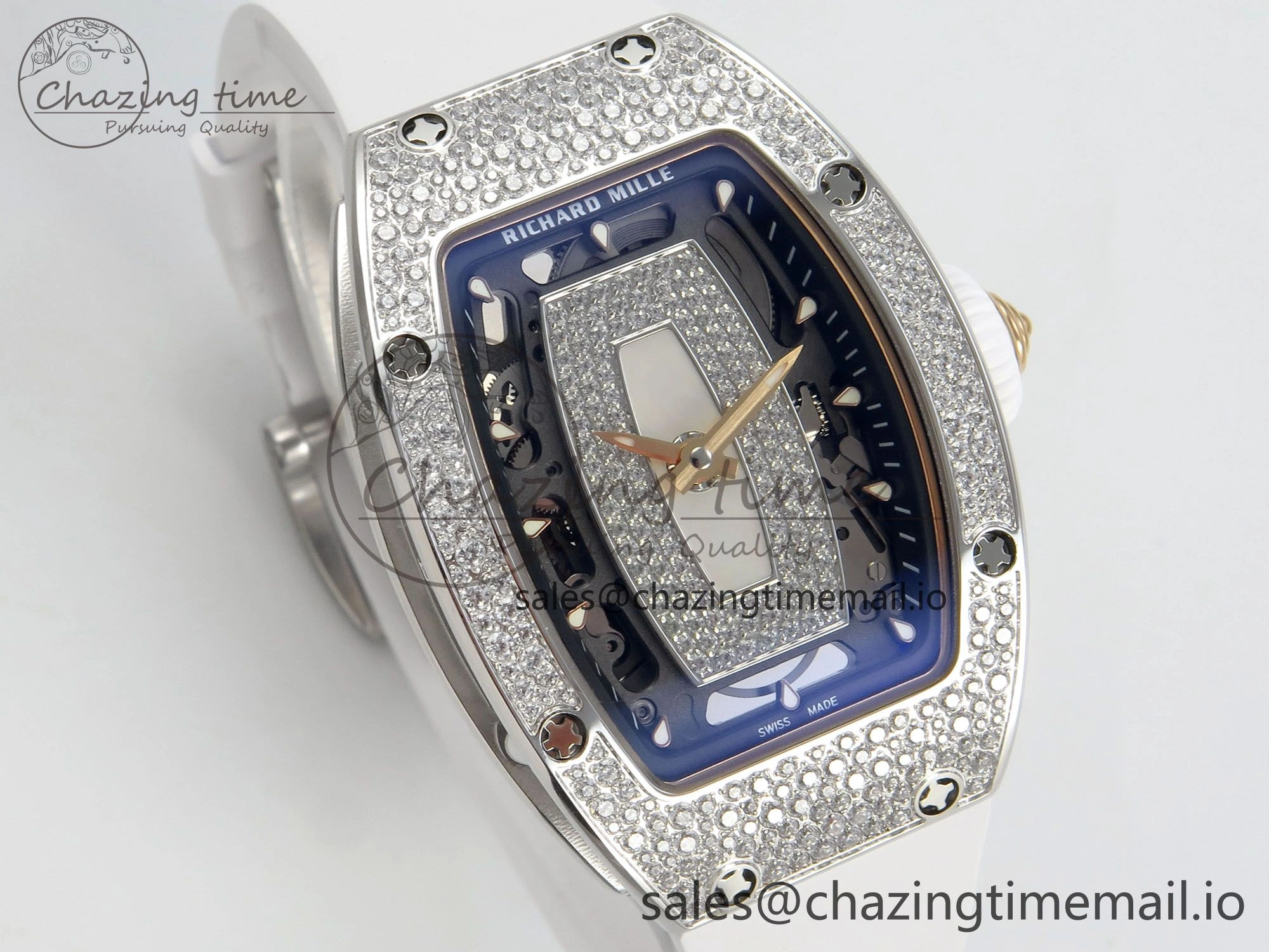 RM07 Ladies Snow Diamonds SS ZF 1:1 Best Edition White Dial on White Rubber Strap CRMA2 Clone