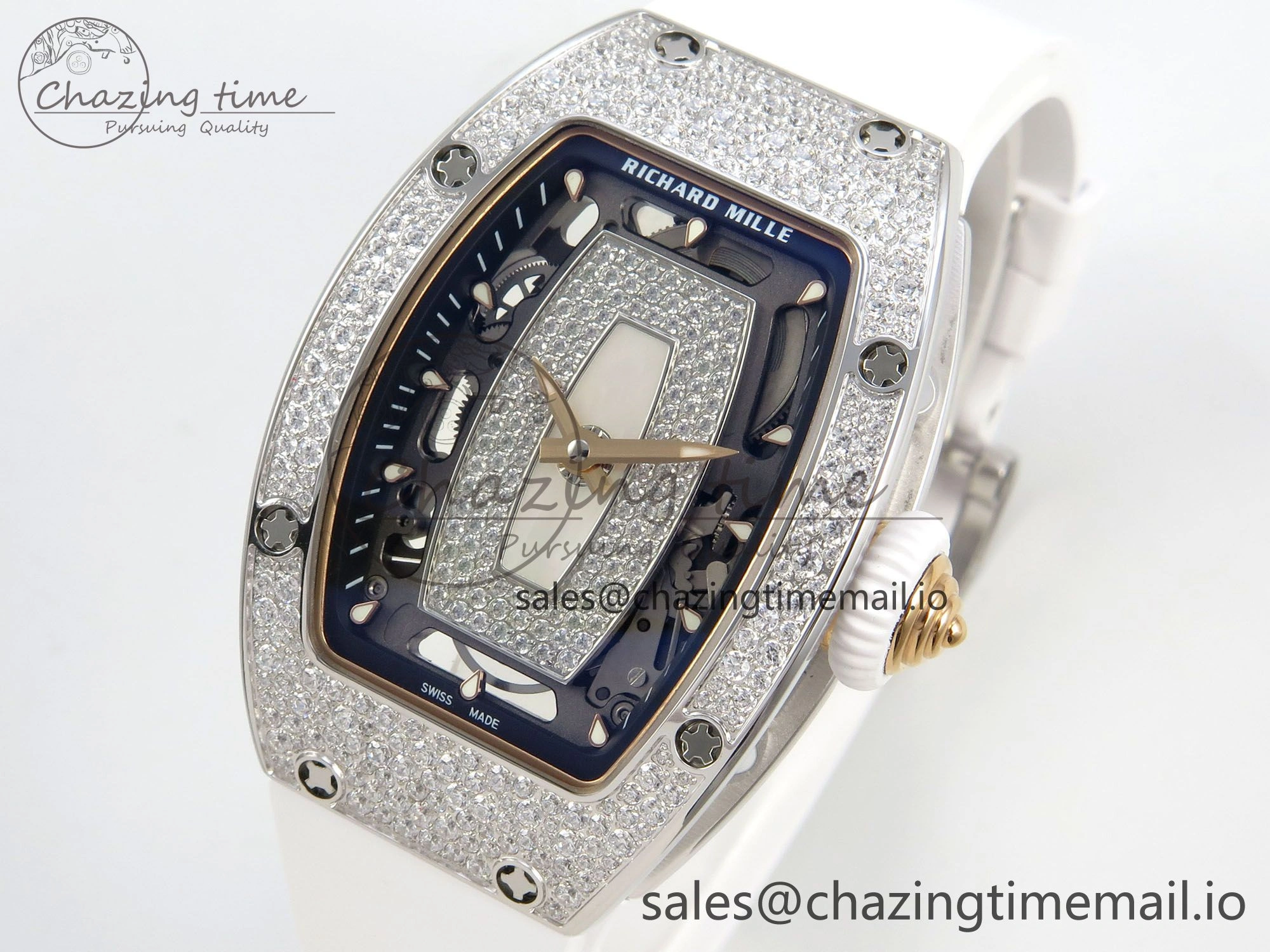 RM07 Ladies Snow Diamonds SS ZF 1:1 Best Edition White Dial on White Rubber Strap CRMA2 Clone