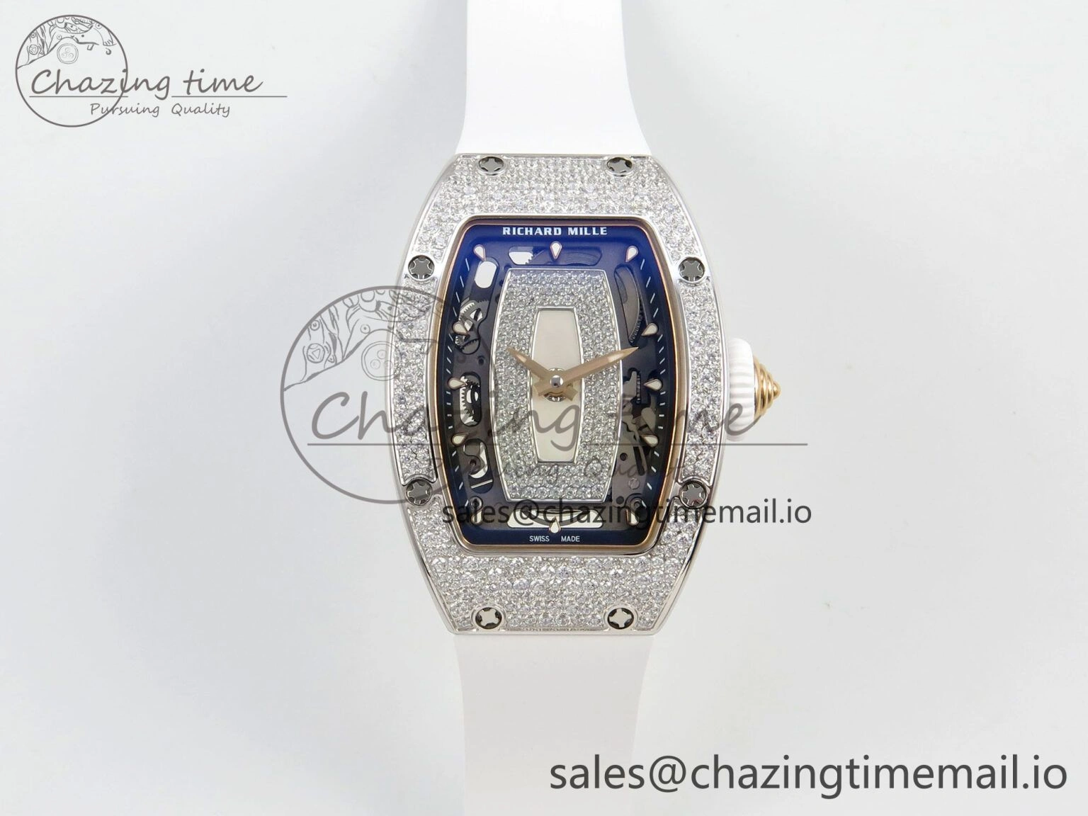 RM07 Ladies Snow Diamonds SS ZF 1:1 Best Edition White Dial on White Rubber Strap CRMA2 Clone