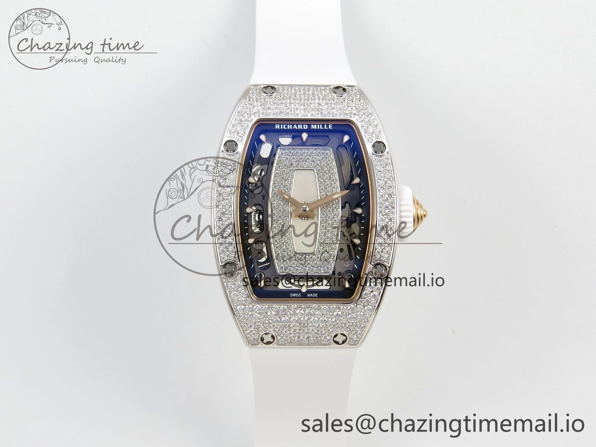 RM07 Ladies Snow Diamonds SS ZF 1:1 Best Edition White Dial on White Rubber Strap CRMA2 Clone