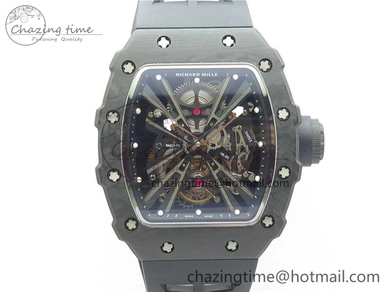 RM12 Real Tourbillon KVF Best Edition Skeleton Dial on Black Rubber Strap