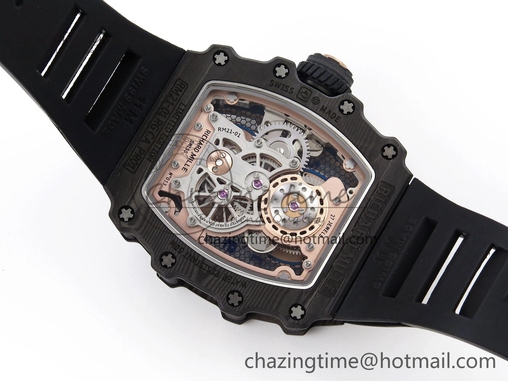 RM21-01 Tourbillon NTPT RMF Best Edition RG Bezel Skeleton Dial on Black Rubber Strap