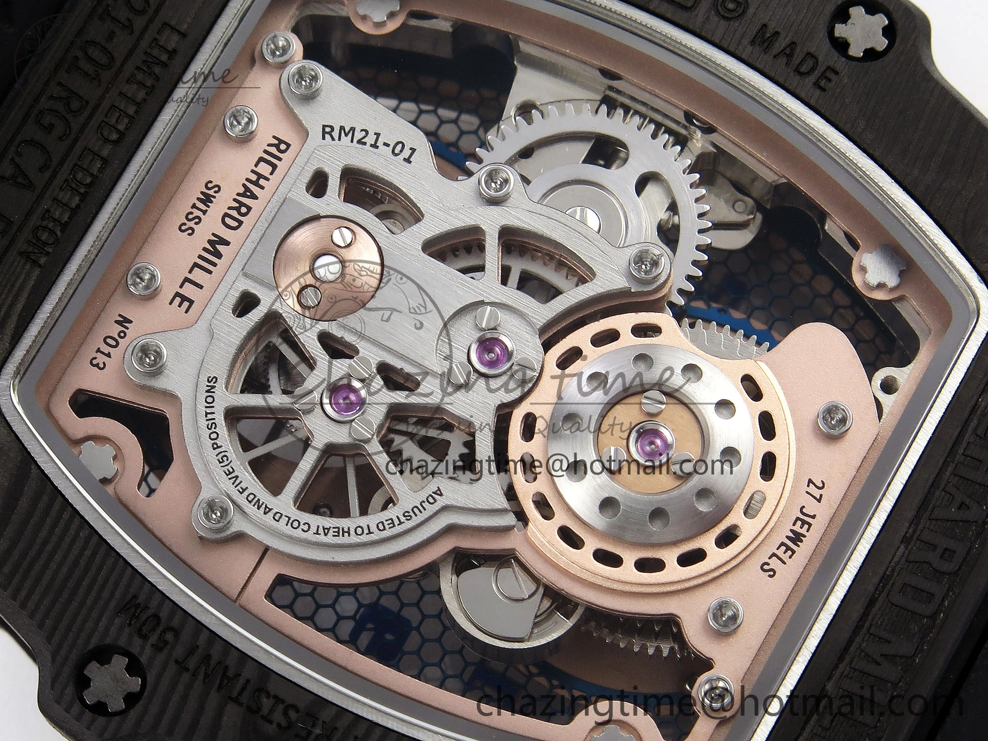 RM21-01 Tourbillon NTPT RMF Best Edition RG Bezel Skeleton Dial on Black Rubber Strap