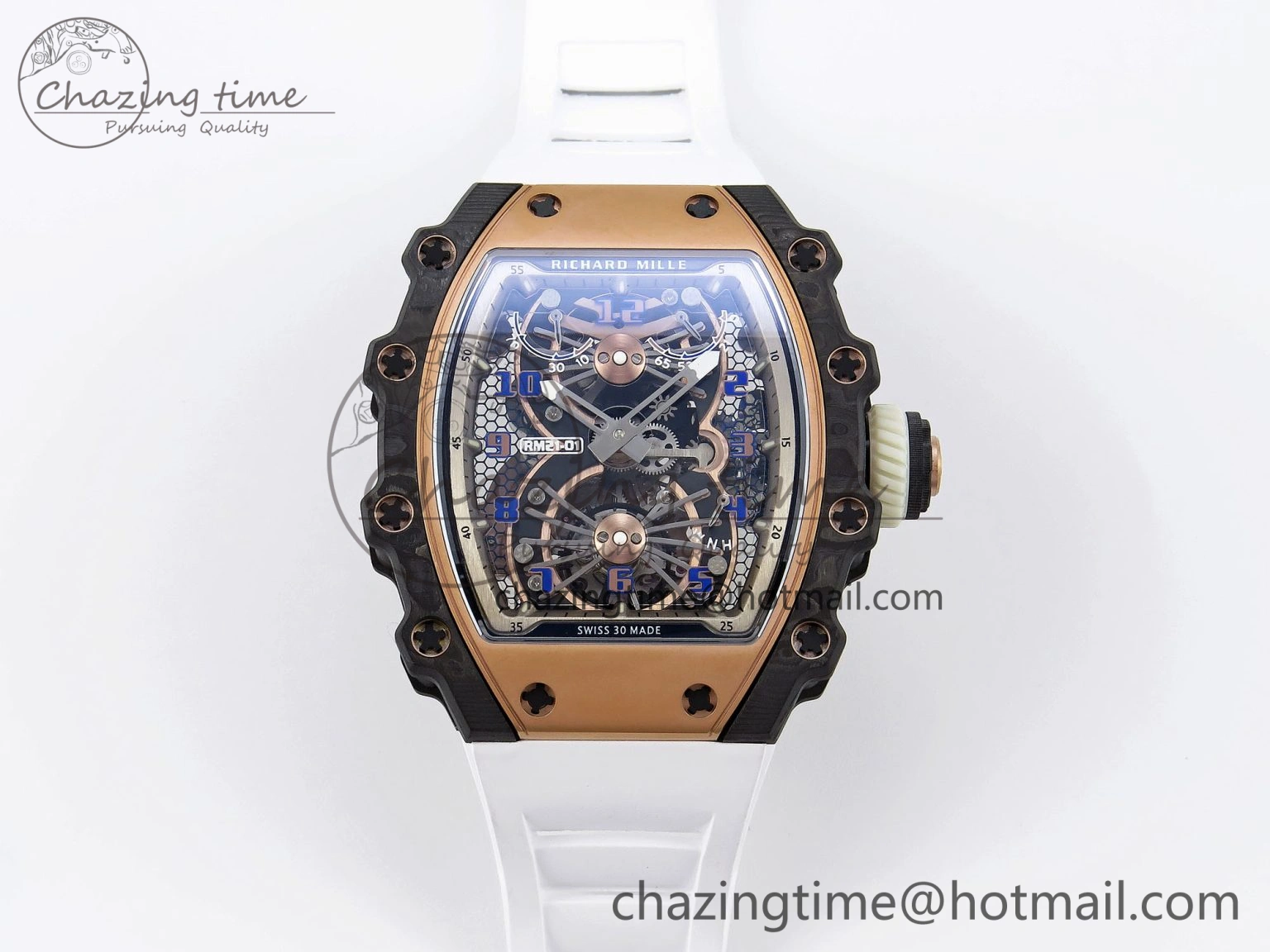 RM21-01 Tourbillon NTPT RMF Best Edition RG Bezel Skeleton Dial on White Rubber Strap