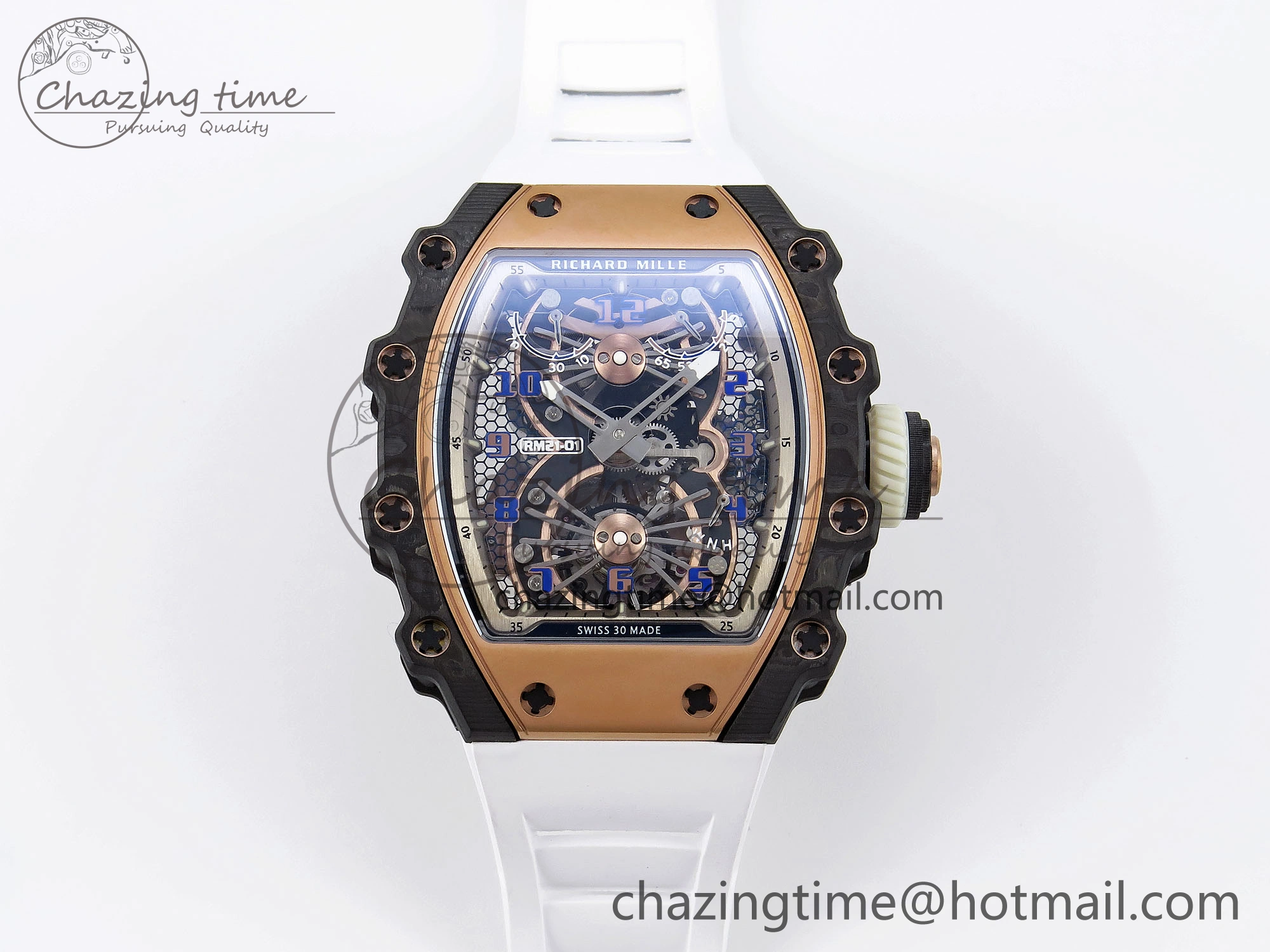 RM21-01 Tourbillon NTPT RMF Best Edition RG Bezel Skeleton Dial on White Rubber Strap