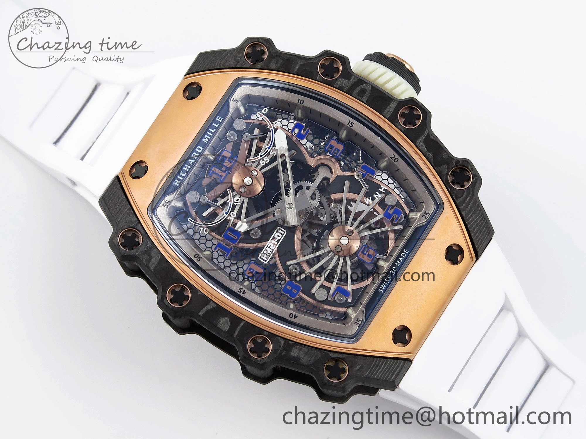 RM21-01 Tourbillon NTPT RMF Best Edition RG Bezel Skeleton Dial on White Rubber Strap