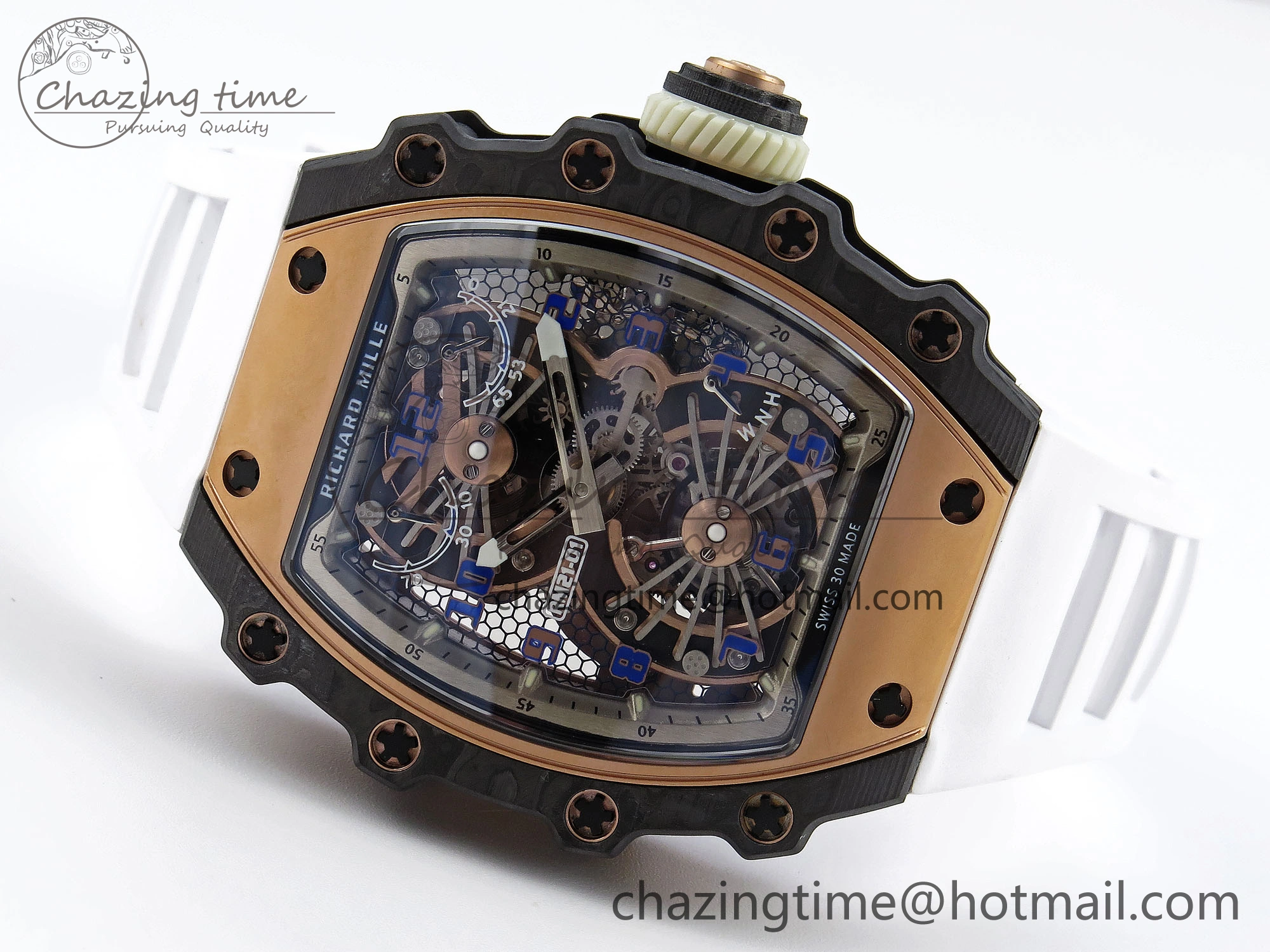 RM21-01 Tourbillon NTPT RMF Best Edition RG Bezel Skeleton Dial on White Rubber Strap