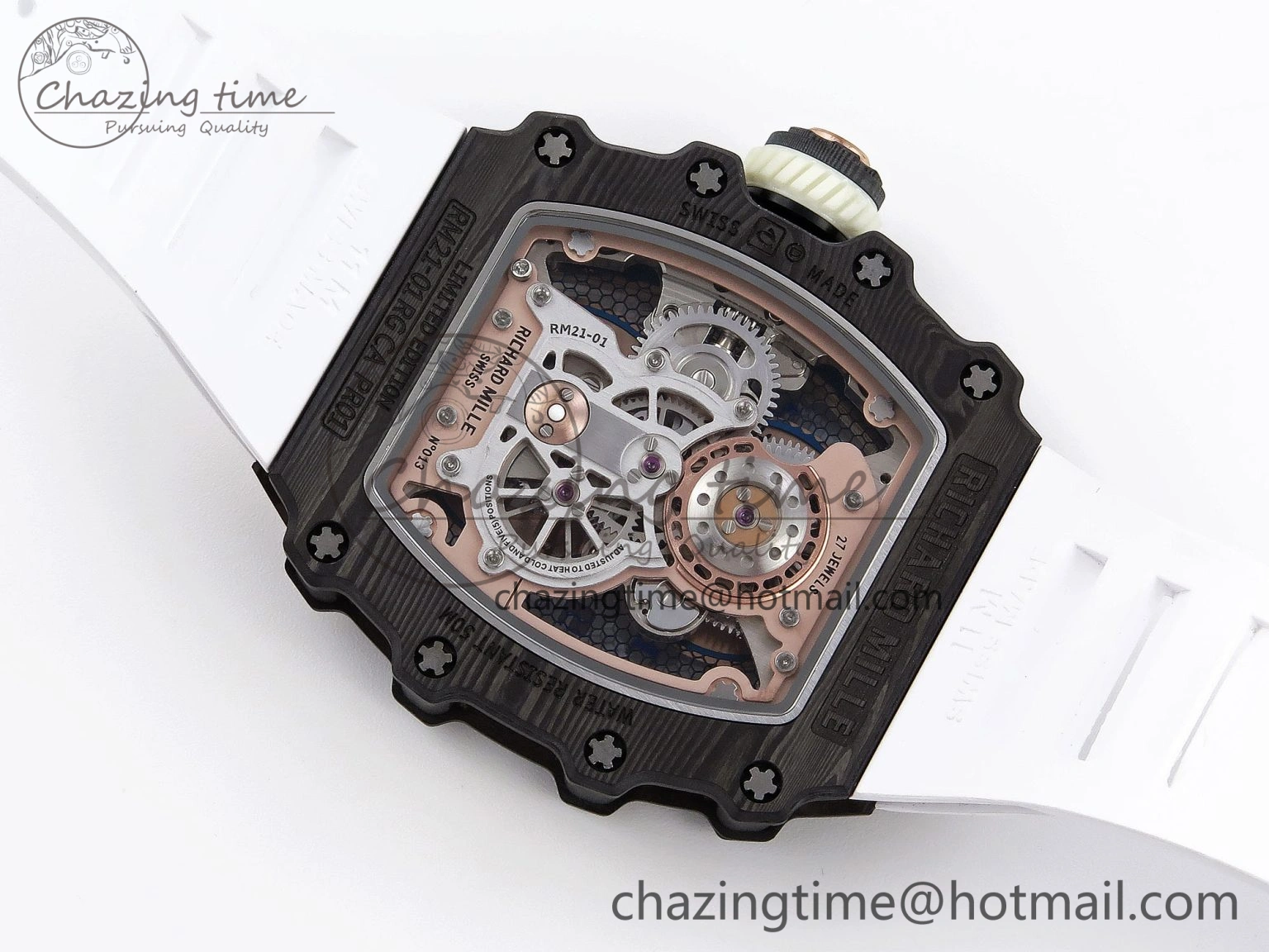 RM21-01 Tourbillon NTPT RMF Best Edition RG Bezel Skeleton Dial on White Rubber Strap