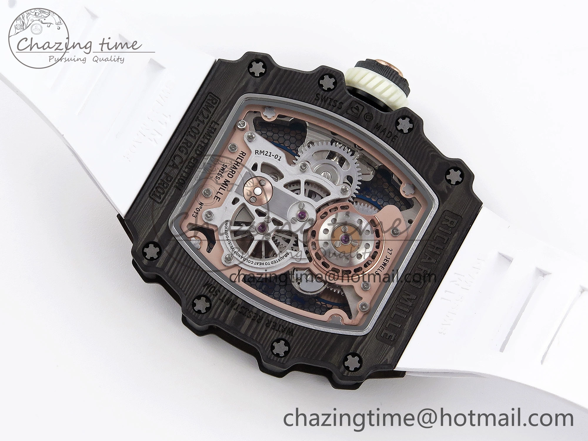 RM21-01 Tourbillon NTPT RMF Best Edition RG Bezel Skeleton Dial on White Rubber Strap