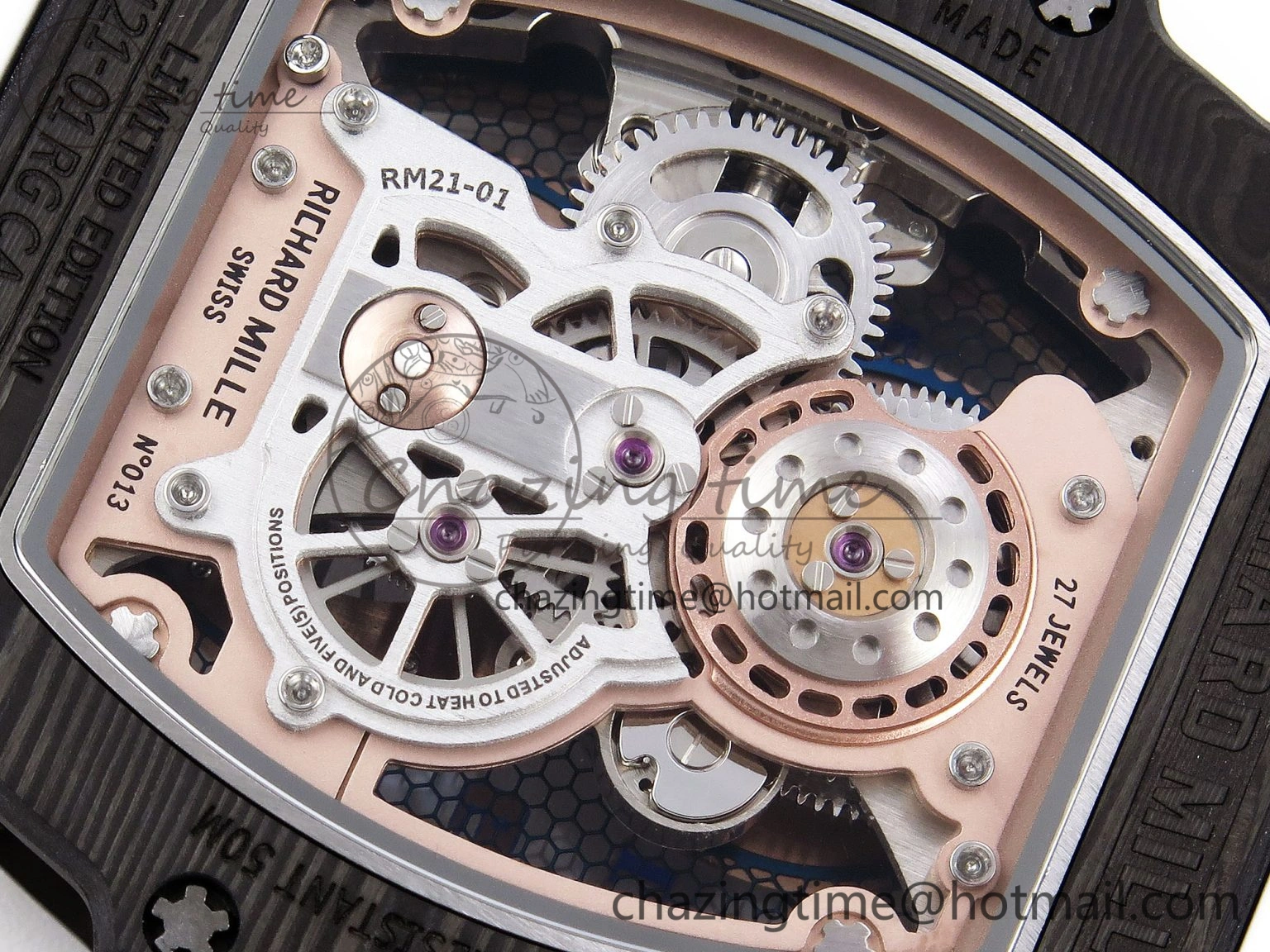 RM21-01 Tourbillon NTPT RMF Best Edition RG Bezel Skeleton Dial on White Rubber Strap