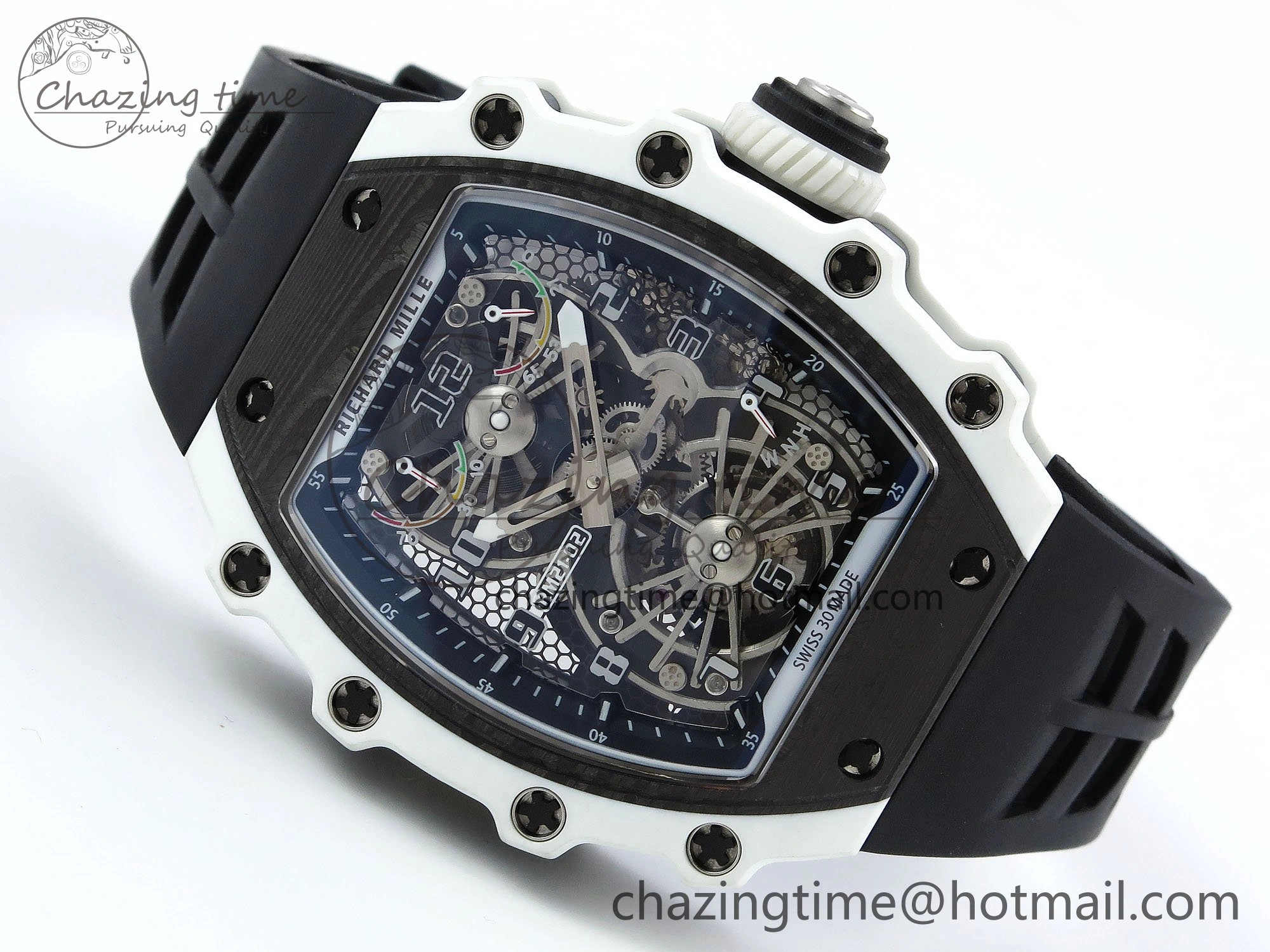 RM21-02 Tourbillon White Quartz Fiber Black Carbon RMF Best Edition on Black Rubber Strap