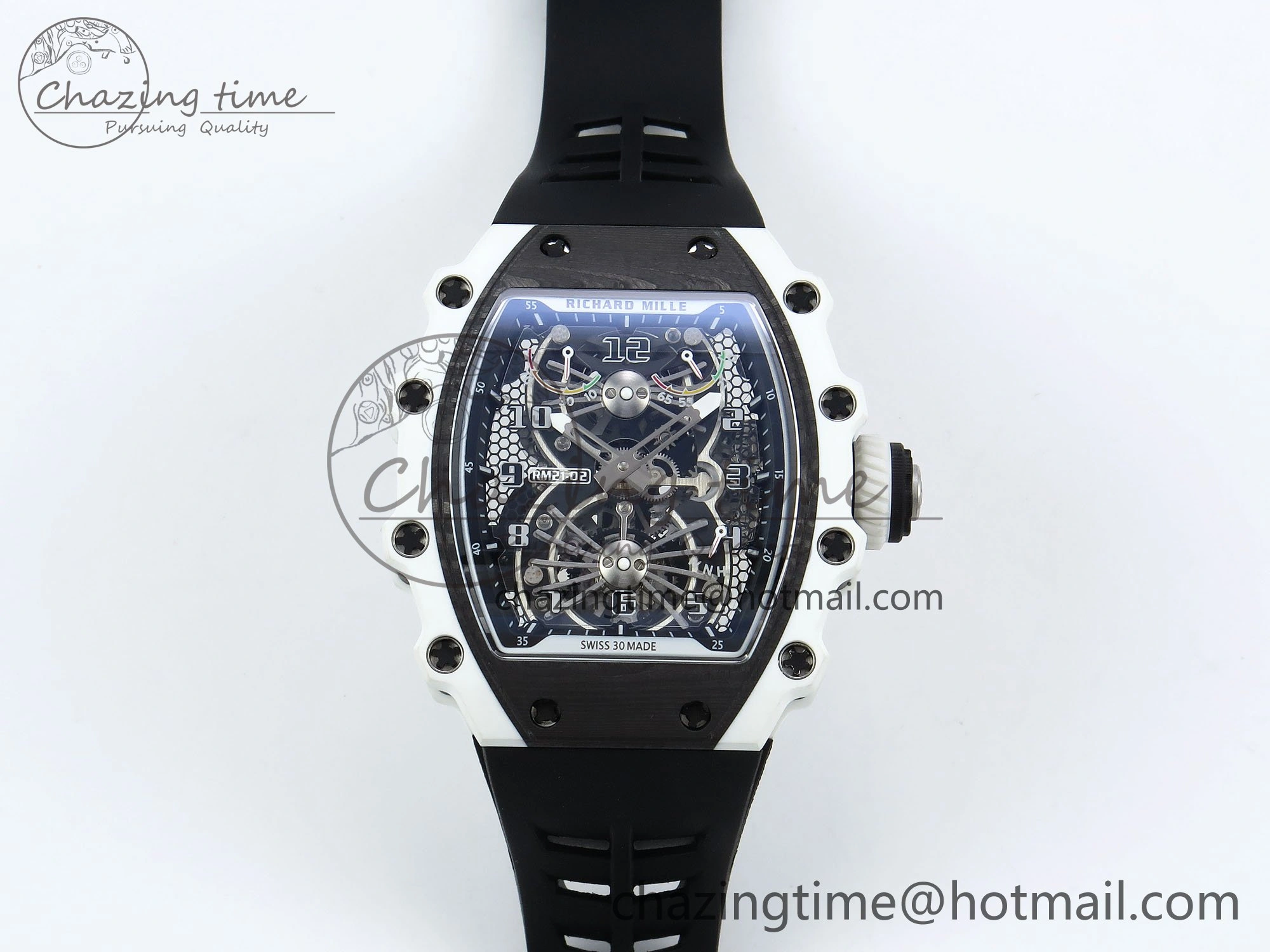 RM21-02 Tourbillon White Quartz Fiber Black Carbon RMF Best Edition on Black Rubber Strap