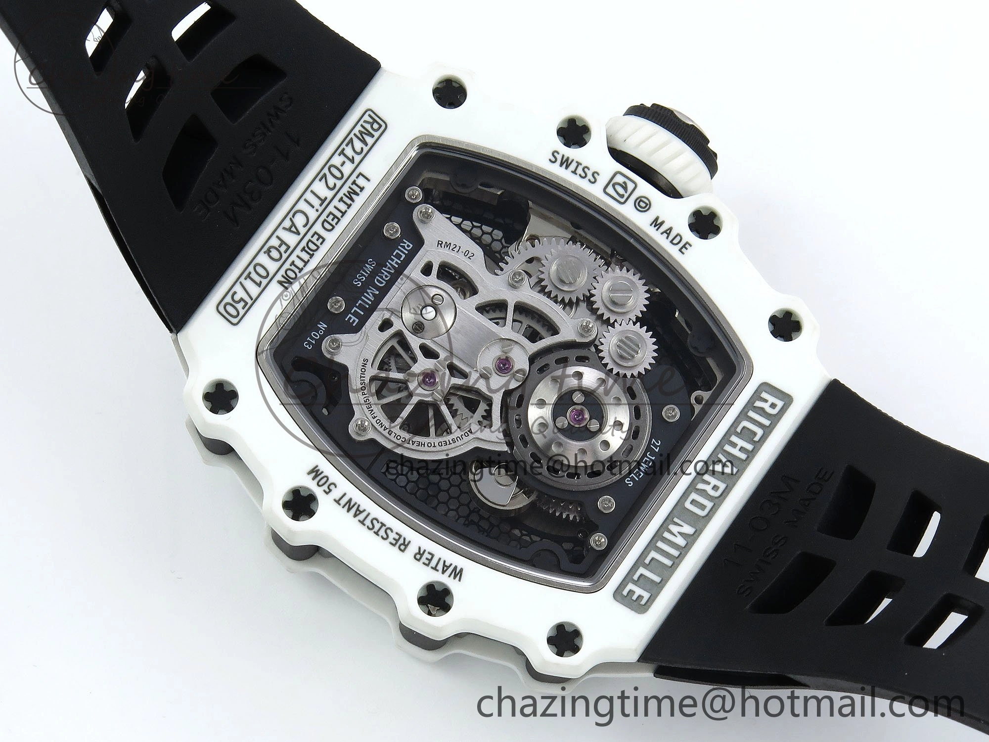 RM21-02 Tourbillon White Quartz Fiber Black Carbon RMF Best Edition on Black Rubber Strap