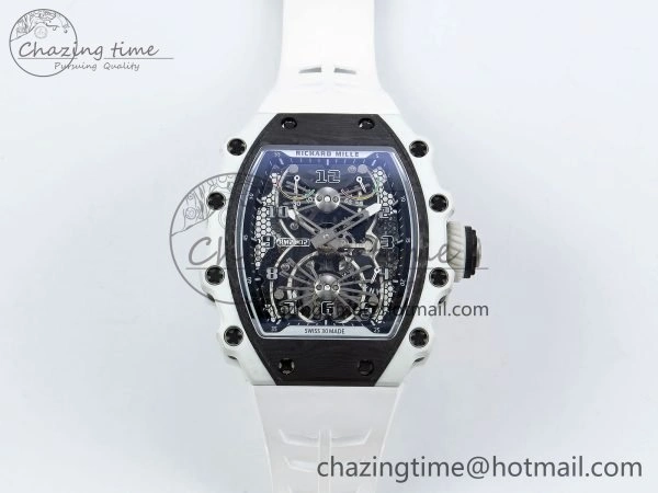 RM21-02 Tourbillon White Quartz Fiber Black Carbon RMF Best Edition on White Rubber Strap