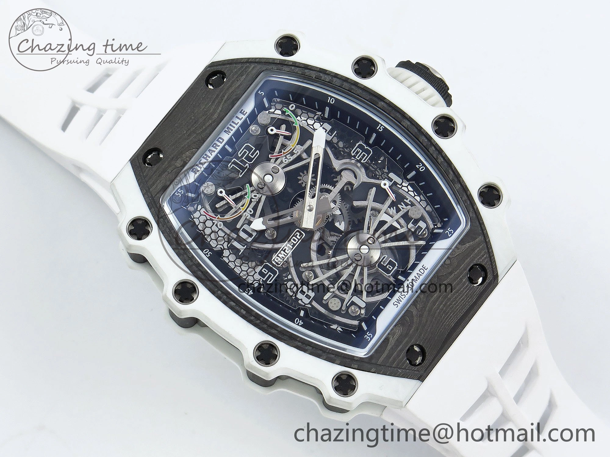 RM21-02 Tourbillon White Quartz Fiber Black Carbon RMF Best Edition on White Rubber Strap