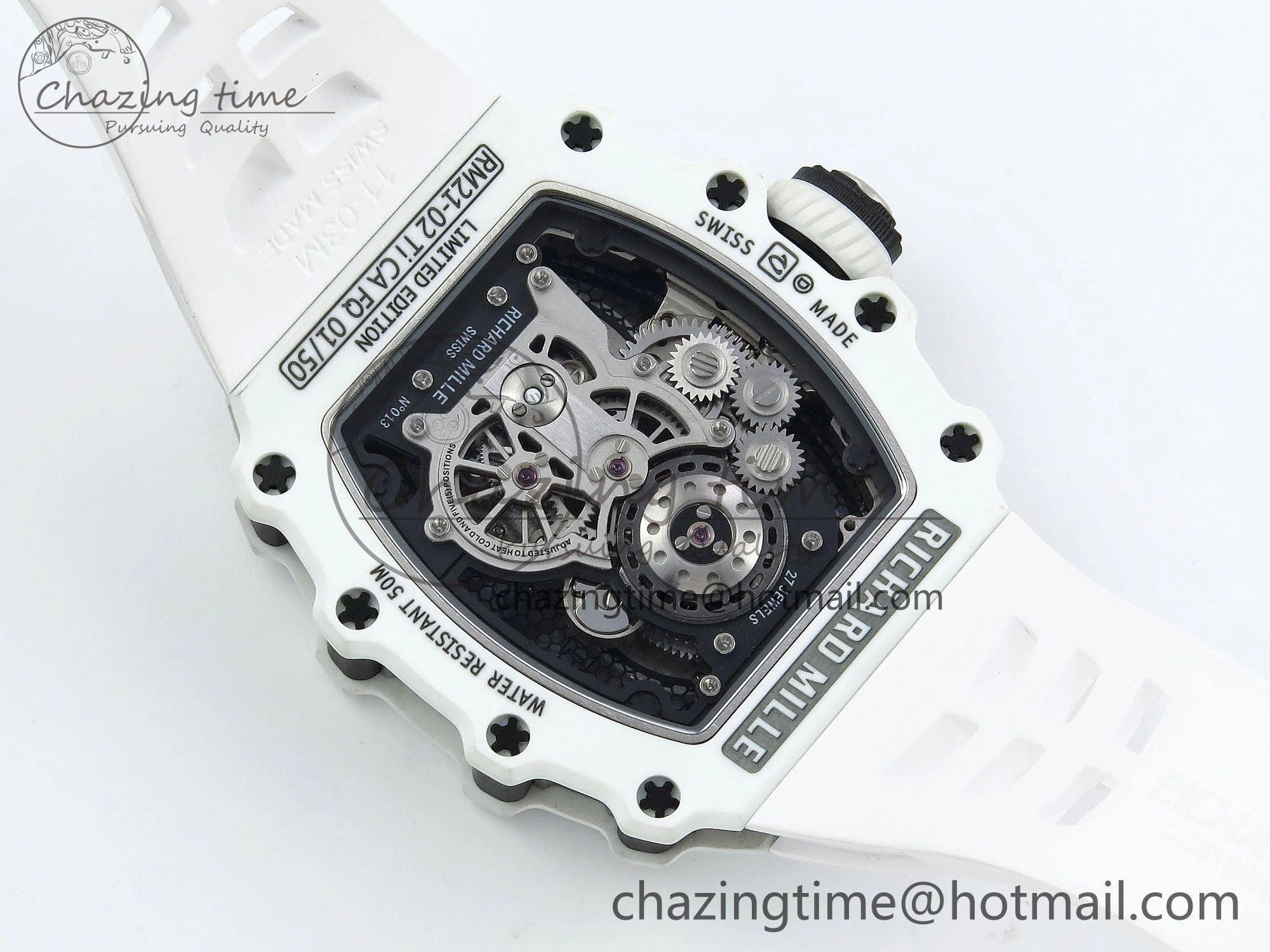 RM21-02 Tourbillon White Quartz Fiber Black Carbon RMF Best Edition on White Rubber Strap
