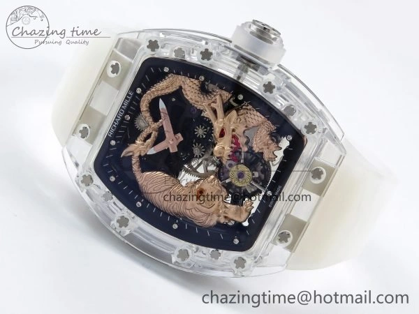 RM51 Transparent Tourbillon RMF Best Edition RG Tiger Dragon Dial on Transparent Rubber Strap