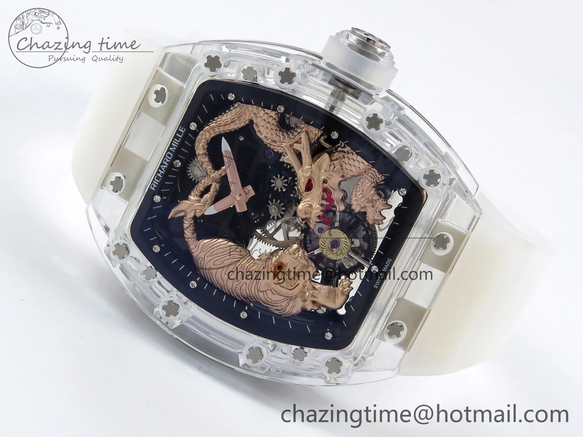 RM51 Transparent Tourbillon RMF Best Edition RG Tiger Dragon Dial on Transparent Rubber Strap