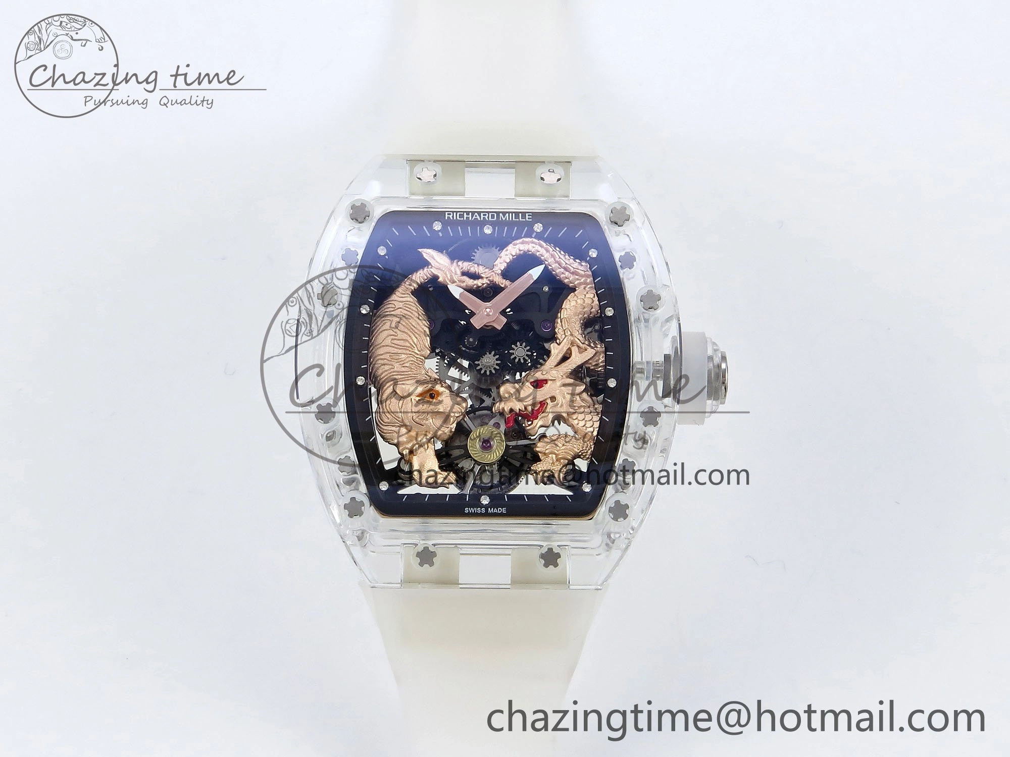 RM51 Transparent Tourbillon RMF Best Edition RG Tiger Dragon Dial on Transparent Rubber Strap