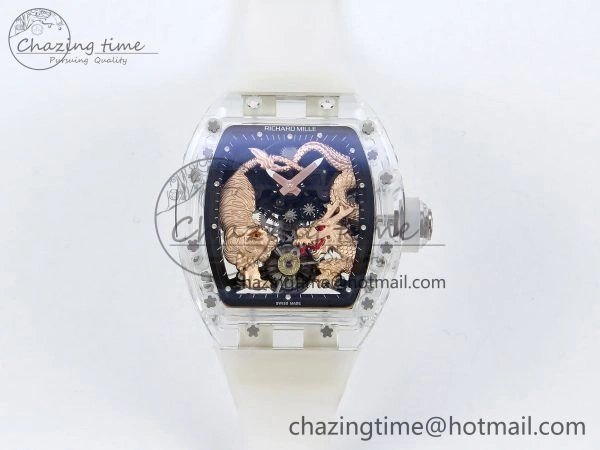RM51 Transparent Tourbillon RMF Best Edition RG Tiger Dragon Dial on Transparent Rubber Strap