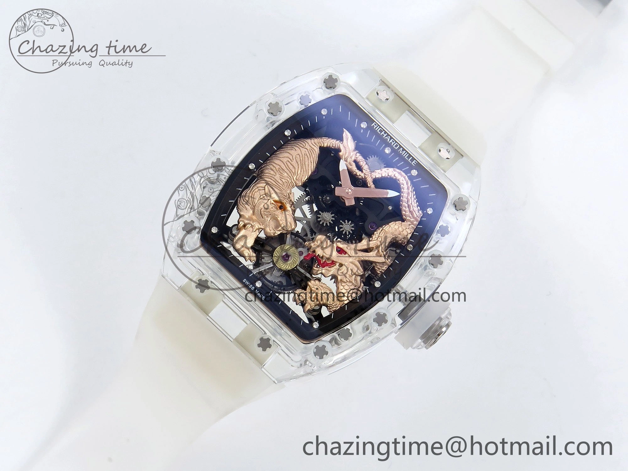 RM51 Transparent Tourbillon RMF Best Edition RG Tiger Dragon Dial on Transparent Rubber Strap