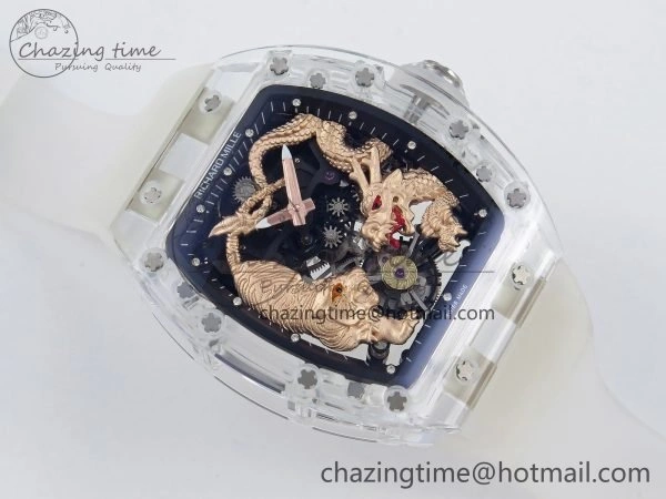 RM51 Transparent Tourbillon RMF Best Edition RG Tiger Dragon Dial on Transparent Rubber Strap