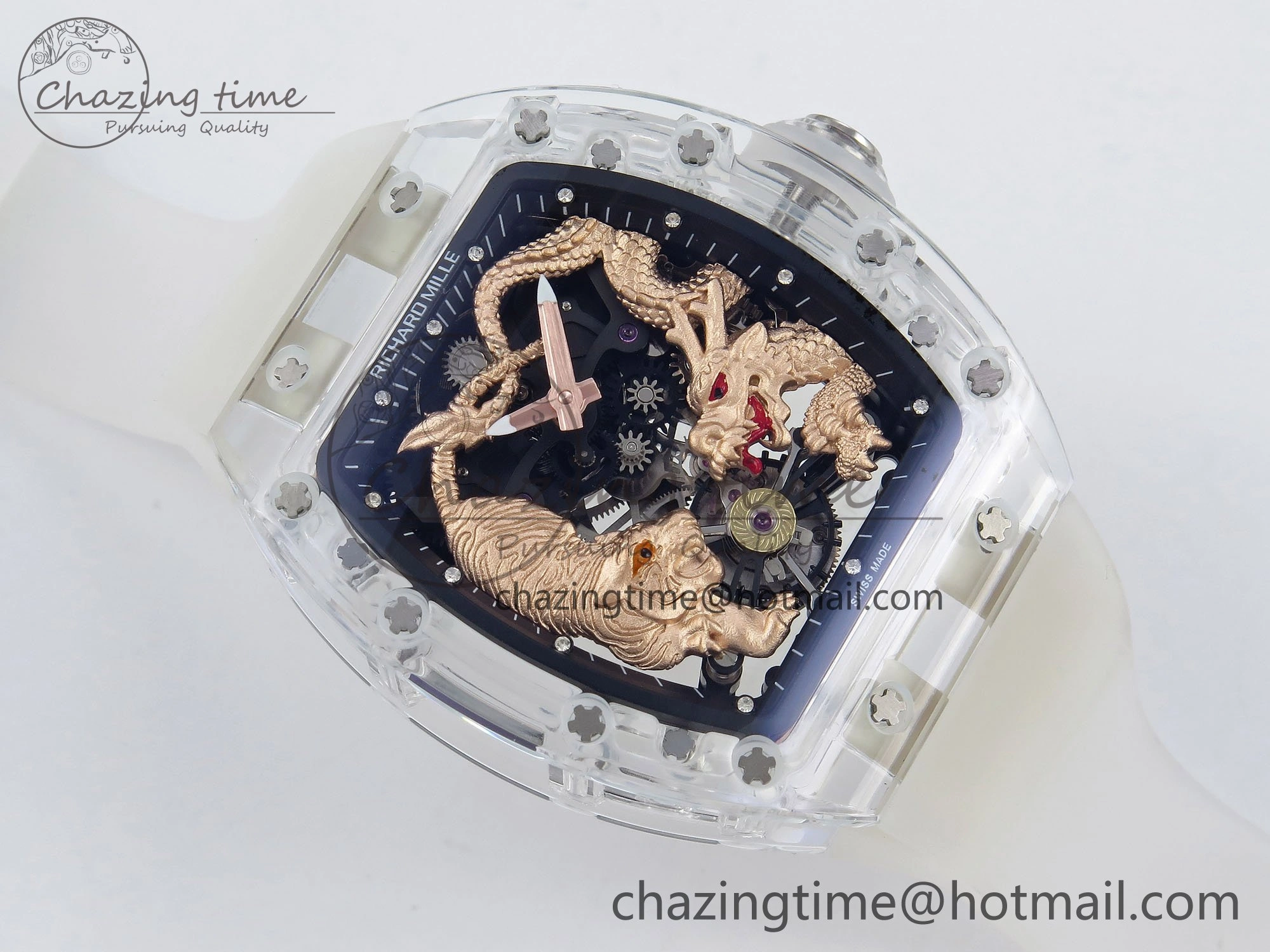 RM51 Transparent Tourbillon RMF Best Edition RG Tiger Dragon Dial on Transparent Rubber Strap