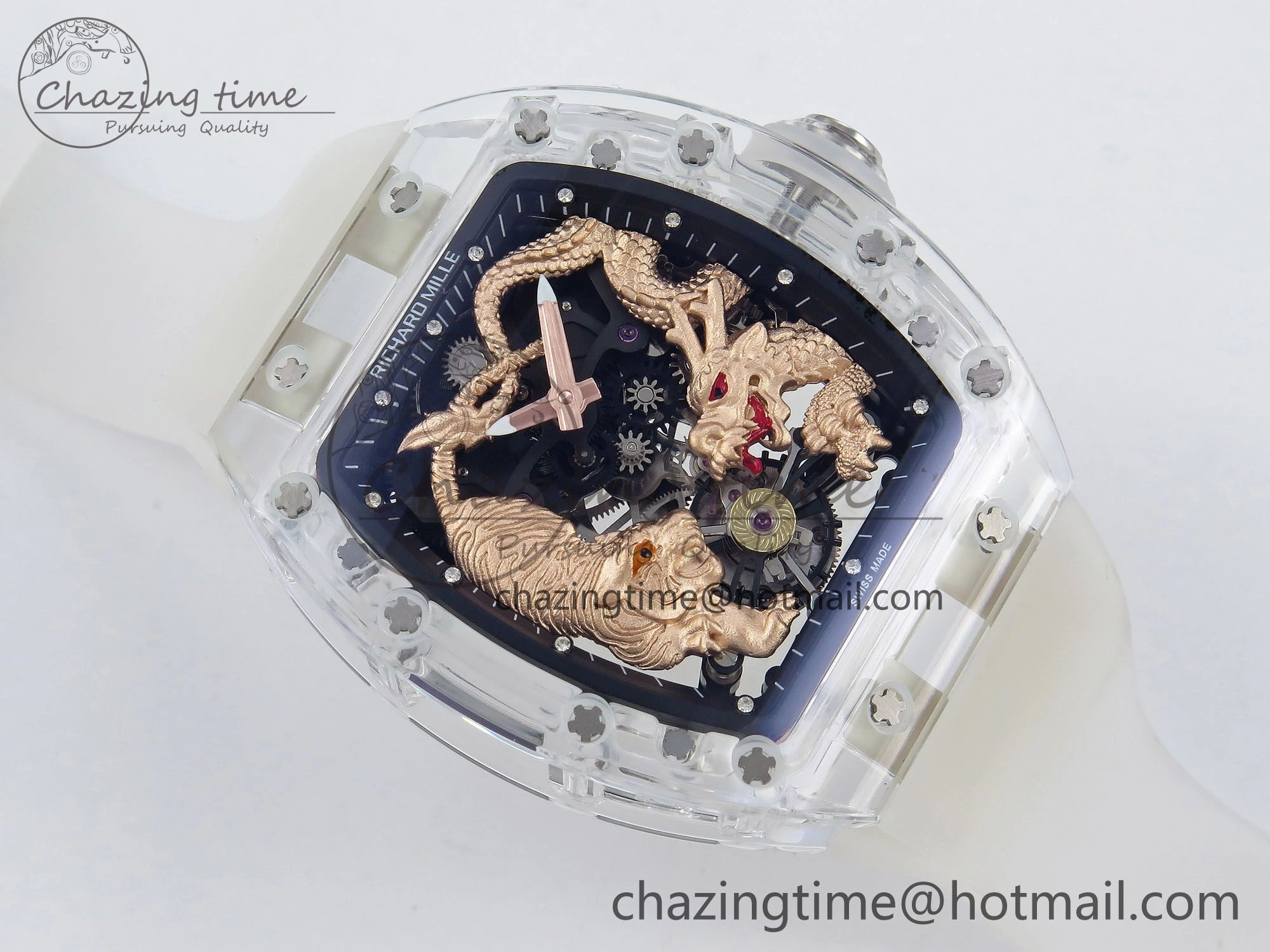 RM51 Transparent Tourbillon RMF Best Edition RG Tiger Dragon Dial on Transparent Rubber Strap