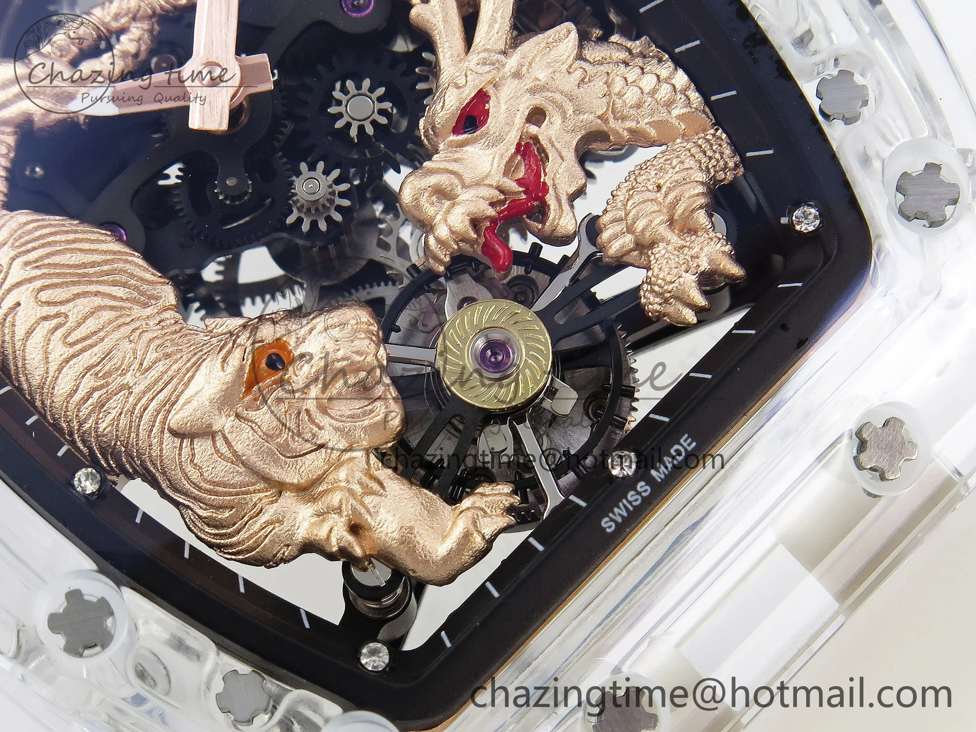 RM51 Transparent Tourbillon RMF Best Edition RG Tiger Dragon Dial on Transparent Rubber Strap