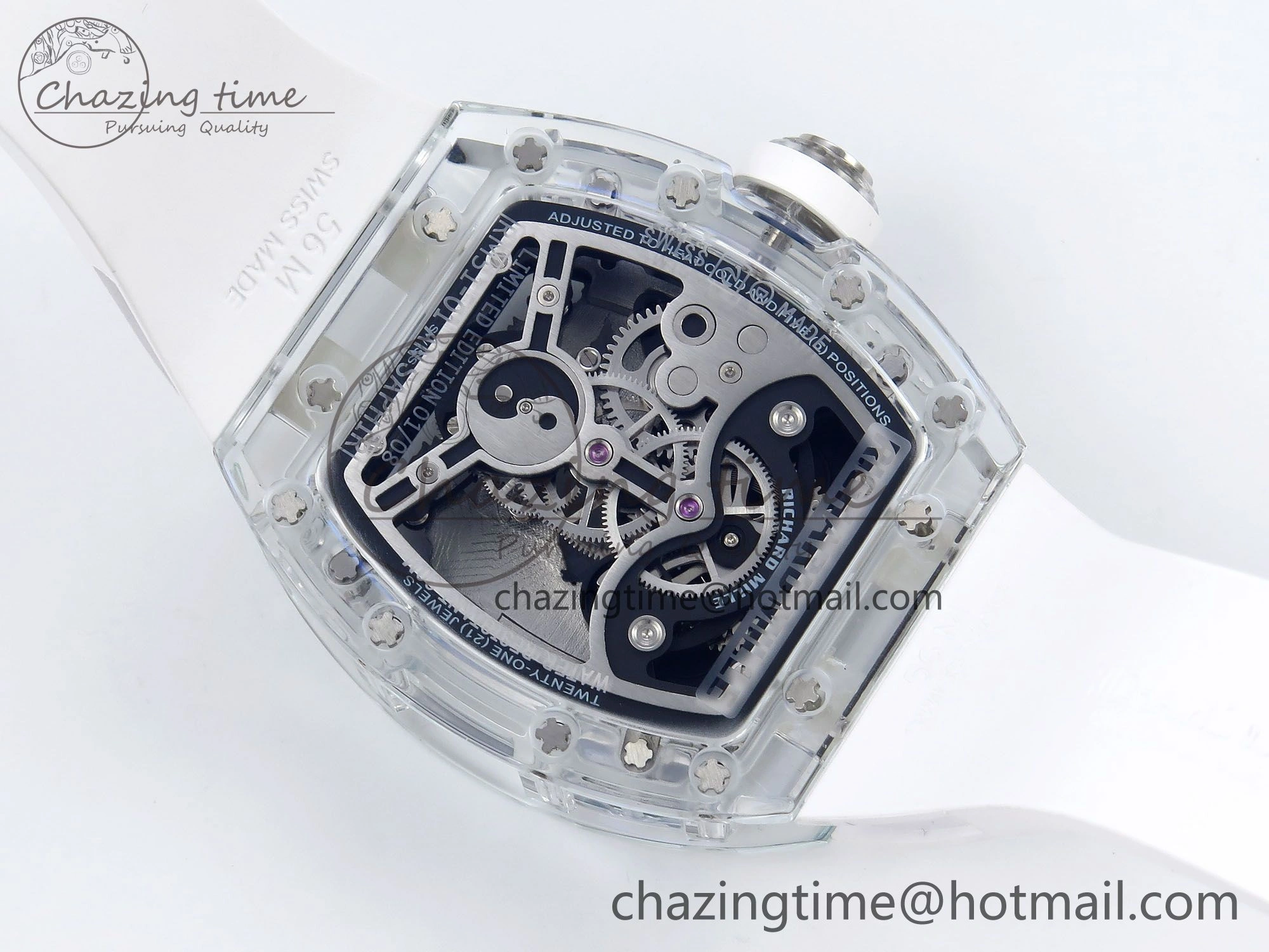 RM51 Transparent Tourbillon RMF Best Edition RG Tiger Dragon Dial on White Rubber Strap