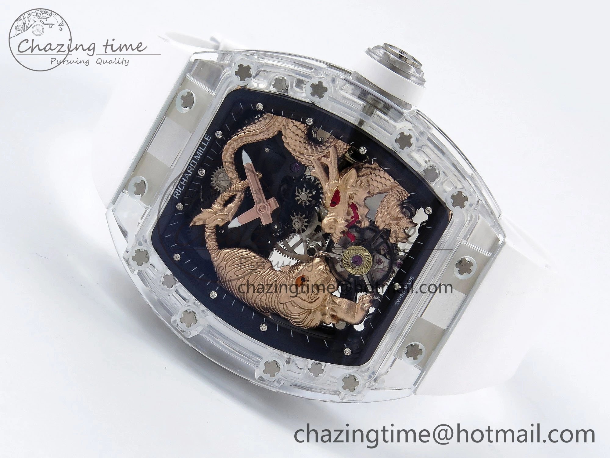 RM51 Transparent Tourbillon RMF Best Edition RG Tiger Dragon Dial on White Rubber Strap