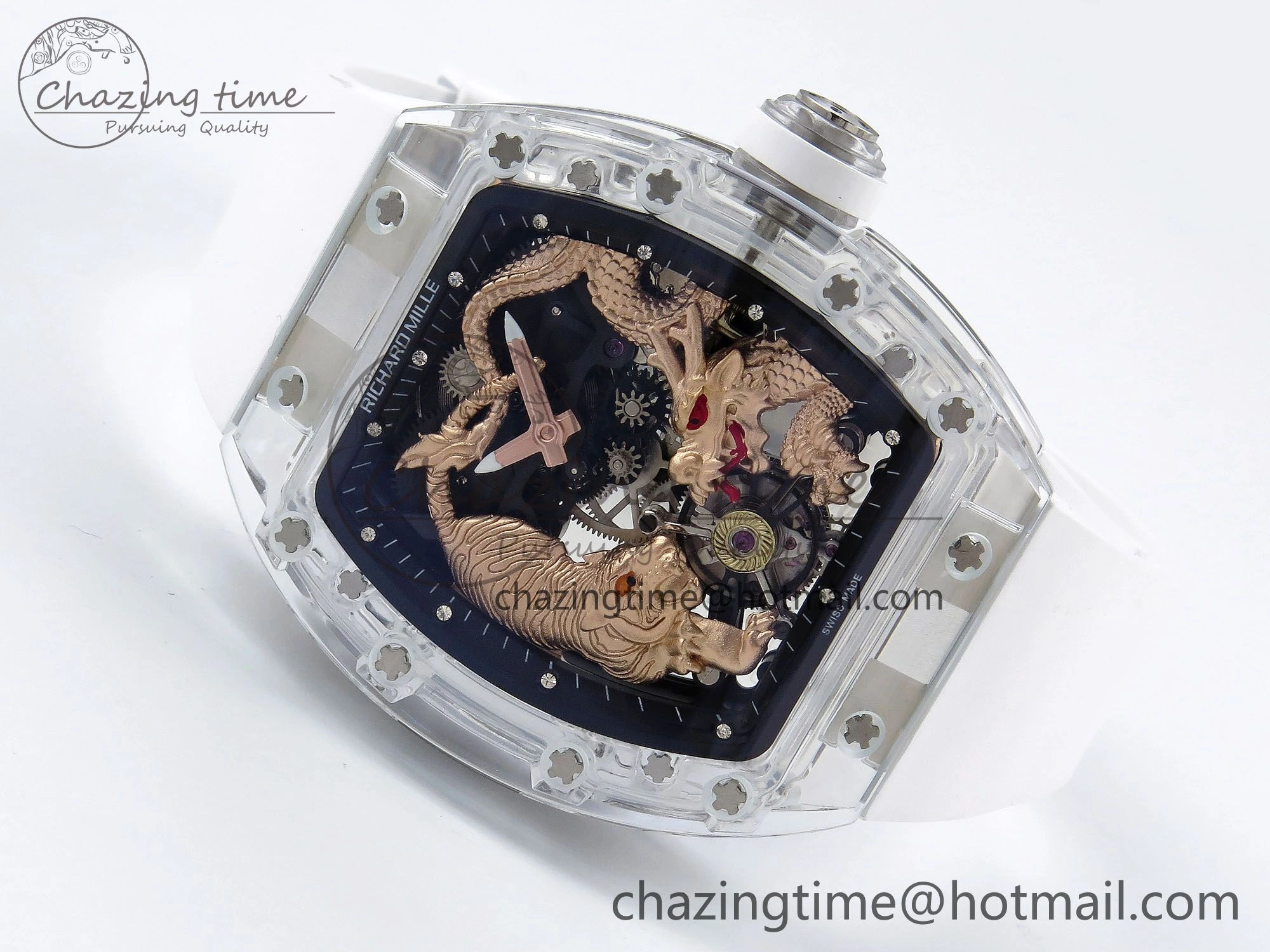 RM51 Transparent Tourbillon RMF Best Edition RG Tiger Dragon Dial on White Rubber Strap