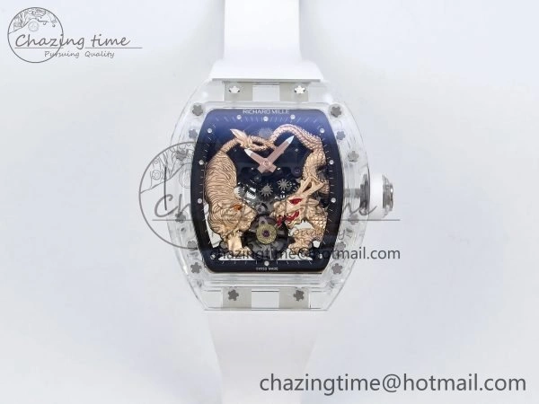 RM51 Transparent Tourbillon RMF Best Edition RG Tiger Dragon Dial on White Rubber Strap