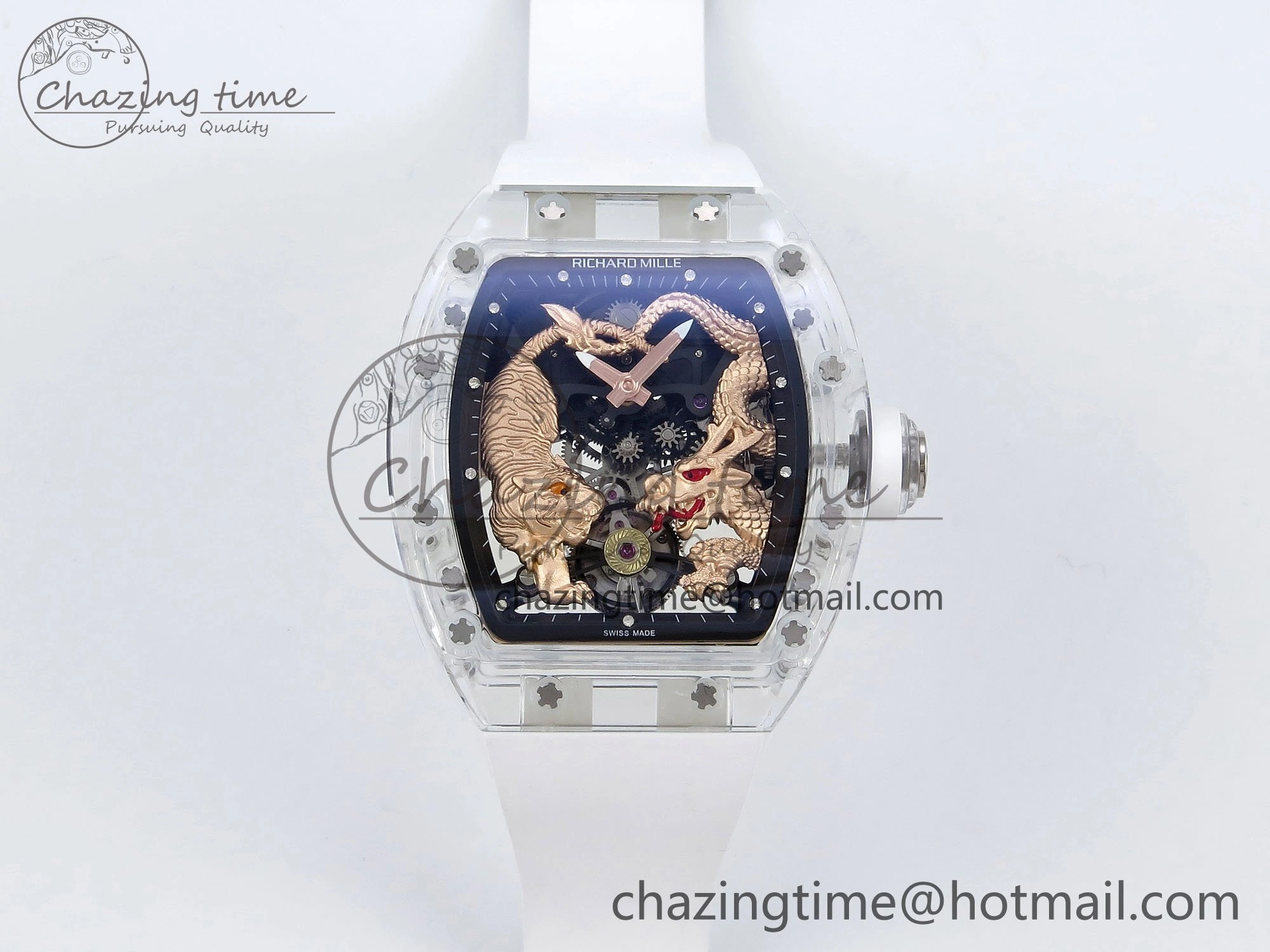 RM51 Transparent Tourbillon RMF Best Edition RG Tiger Dragon Dial on White Rubber Strap