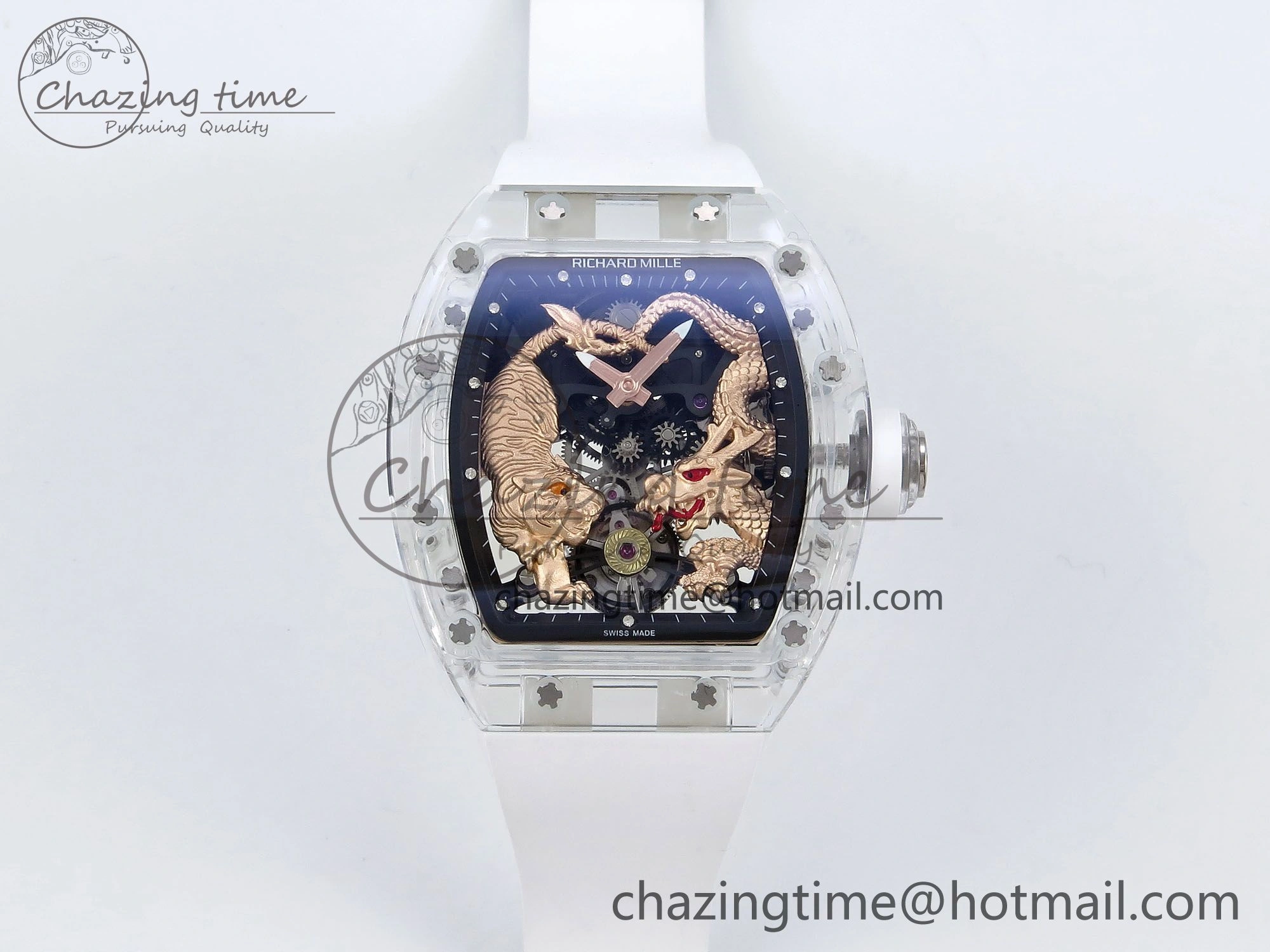RM51 Transparent Tourbillon RMF Best Edition RG Tiger Dragon Dial on White Rubber Strap