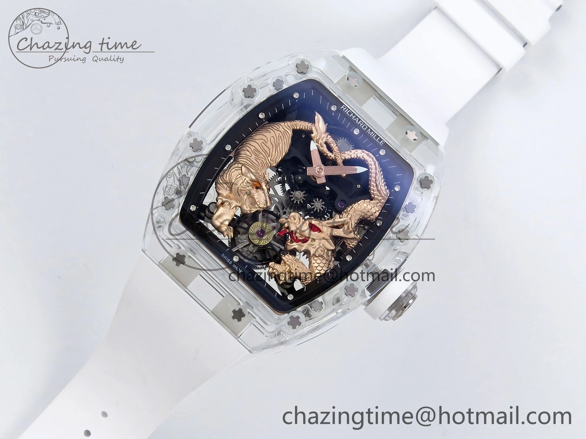 RM51 Transparent Tourbillon RMF Best Edition RG Tiger Dragon Dial on White Rubber Strap