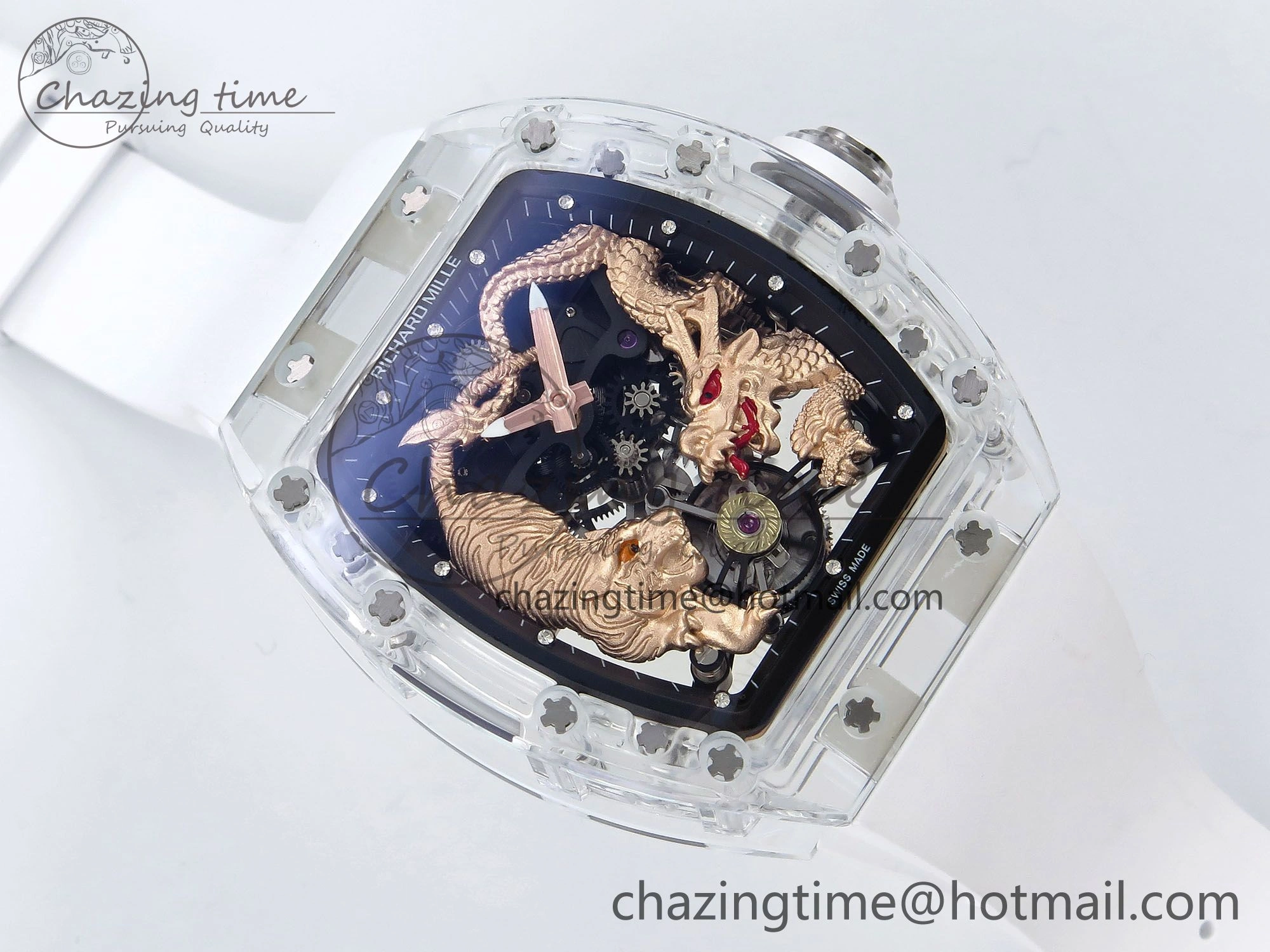 RM51 Transparent Tourbillon RMF Best Edition RG Tiger Dragon Dial on White Rubber Strap