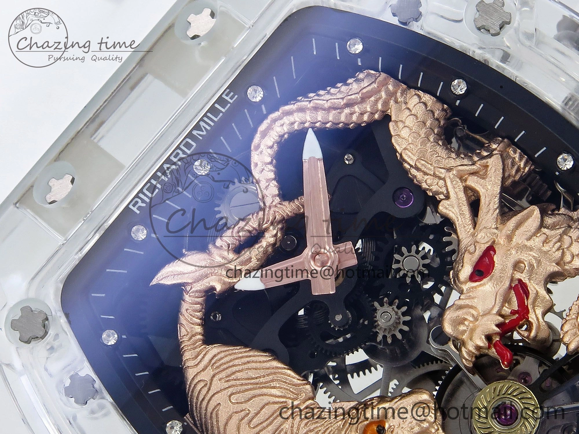 RM51 Transparent Tourbillon RMF Best Edition RG Tiger Dragon Dial on White Rubber Strap