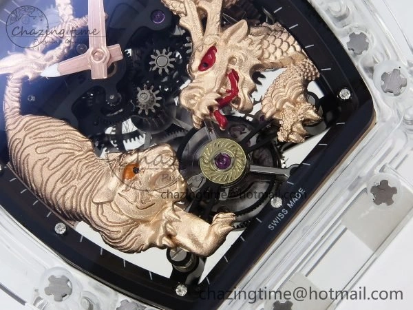 RM51 Transparent Tourbillon RMF Best Edition RG Tiger Dragon Dial on White Rubber Strap